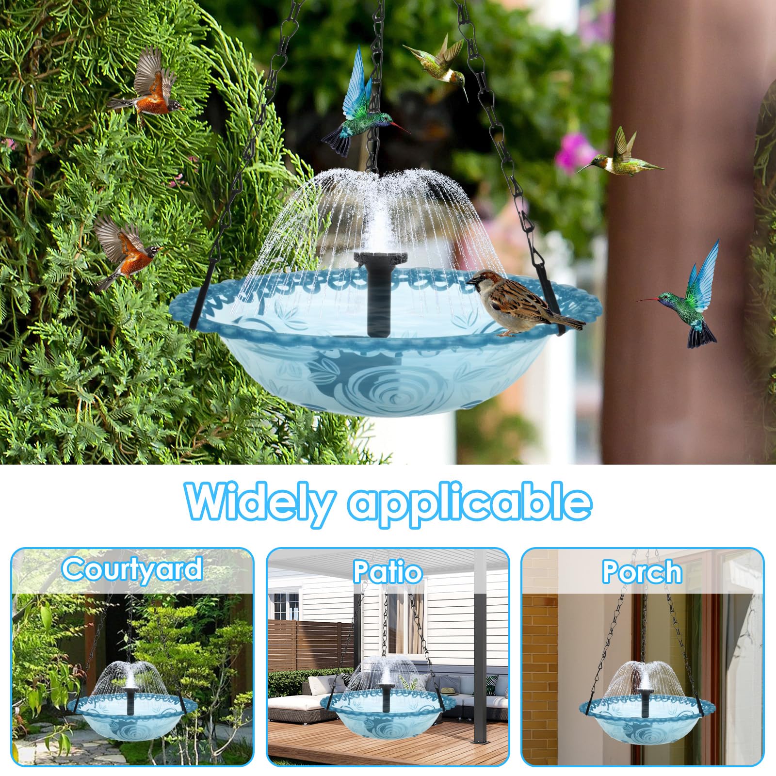 Abbeveratoio per uccelli da appendere, a energia solare con fontana per esterni, gancio in metallo, distributore di mangime per colibri, stazione per mangimi per animali selvatici, decorazione da