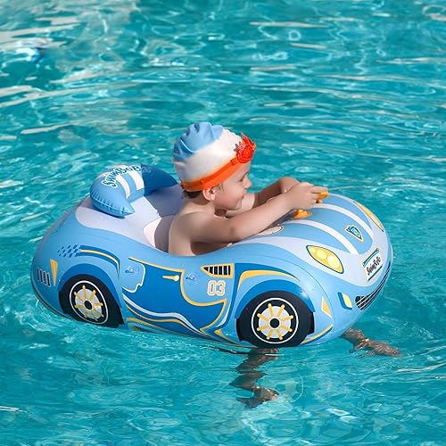 Miniatura 4 de Swimbobo - Flotador de piscina para niños pequeños inflable en forma de coche con toldo ajustable y asiento de seguridad, juguetes de piscina
