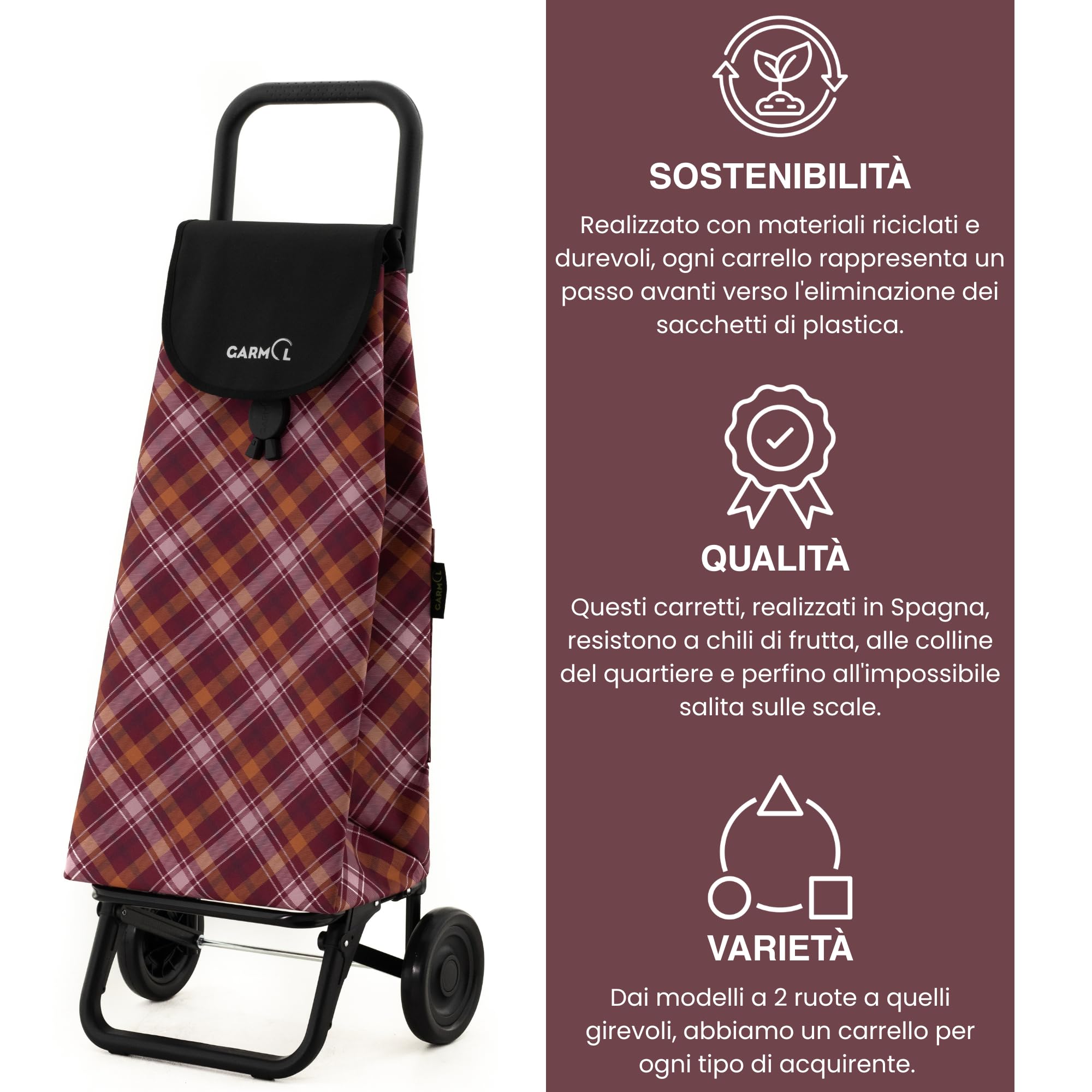 GARMOL Carrello della spesa pieghevole da 55 litri | Carrello della spesa 2 Ruote Grande Capacità | Carrello della spesa pieghevole colore bordeaux