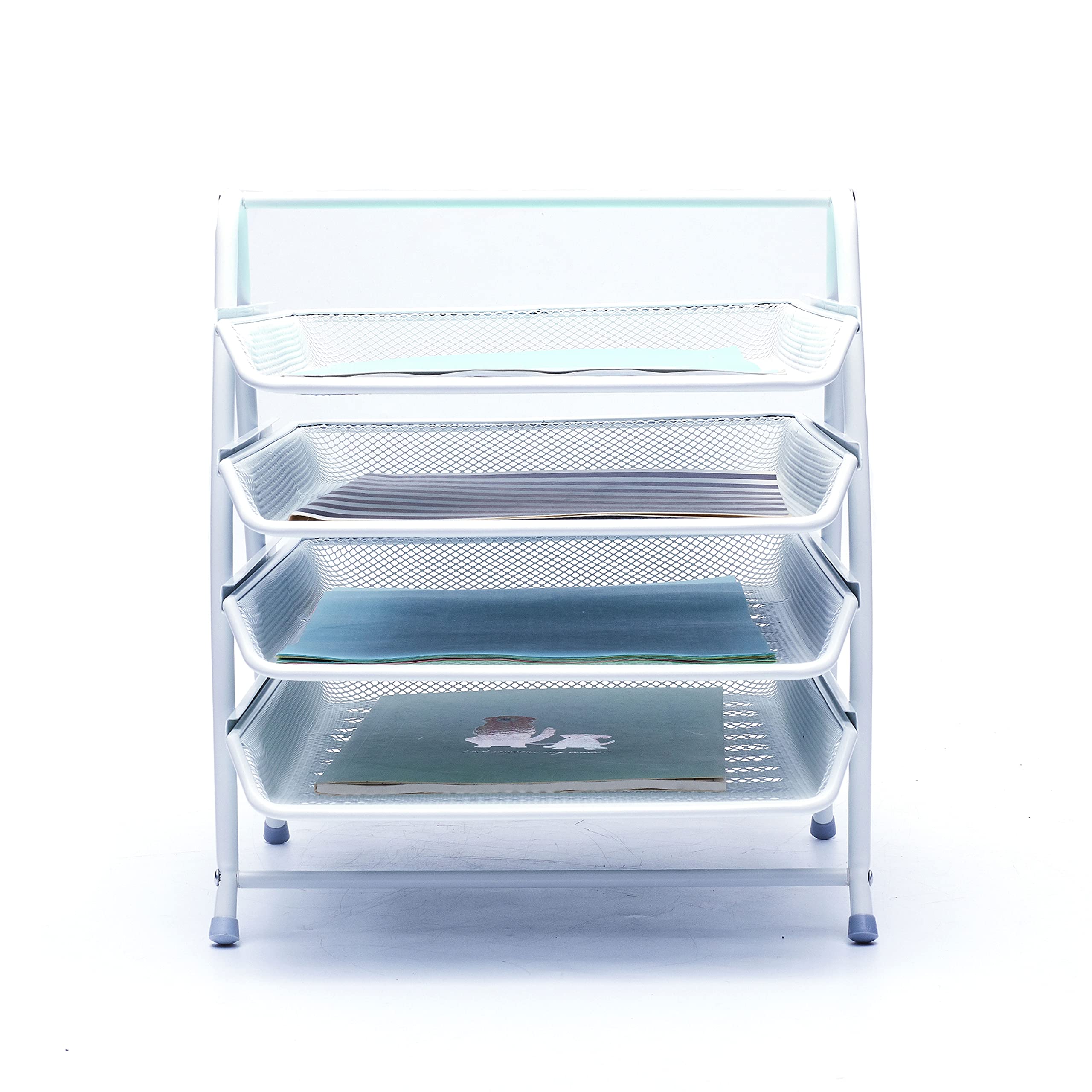 EXERZ Bandejas de Cartas de 4 Capas, Organizador de Escritorio, Soporte para Archivos, Estante de Metal Malla de Alambre Blanco