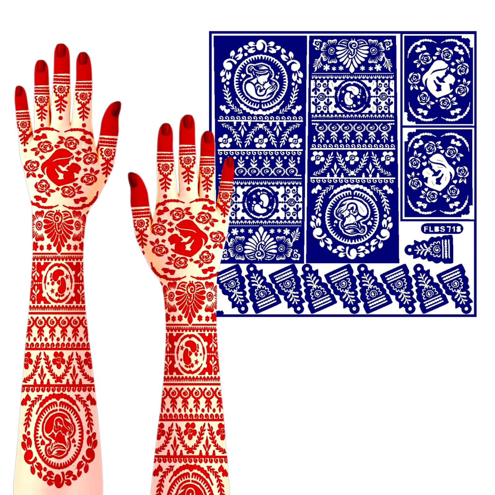 Full Hand Henna Mehendi Stencil Sheet| Royal Circular Motherhood Portrait & Baby Footprints | Reusable Temporary Tattoo Sticker for Godh Bharai & Baby Shower (Model FLBS 718)-image-7