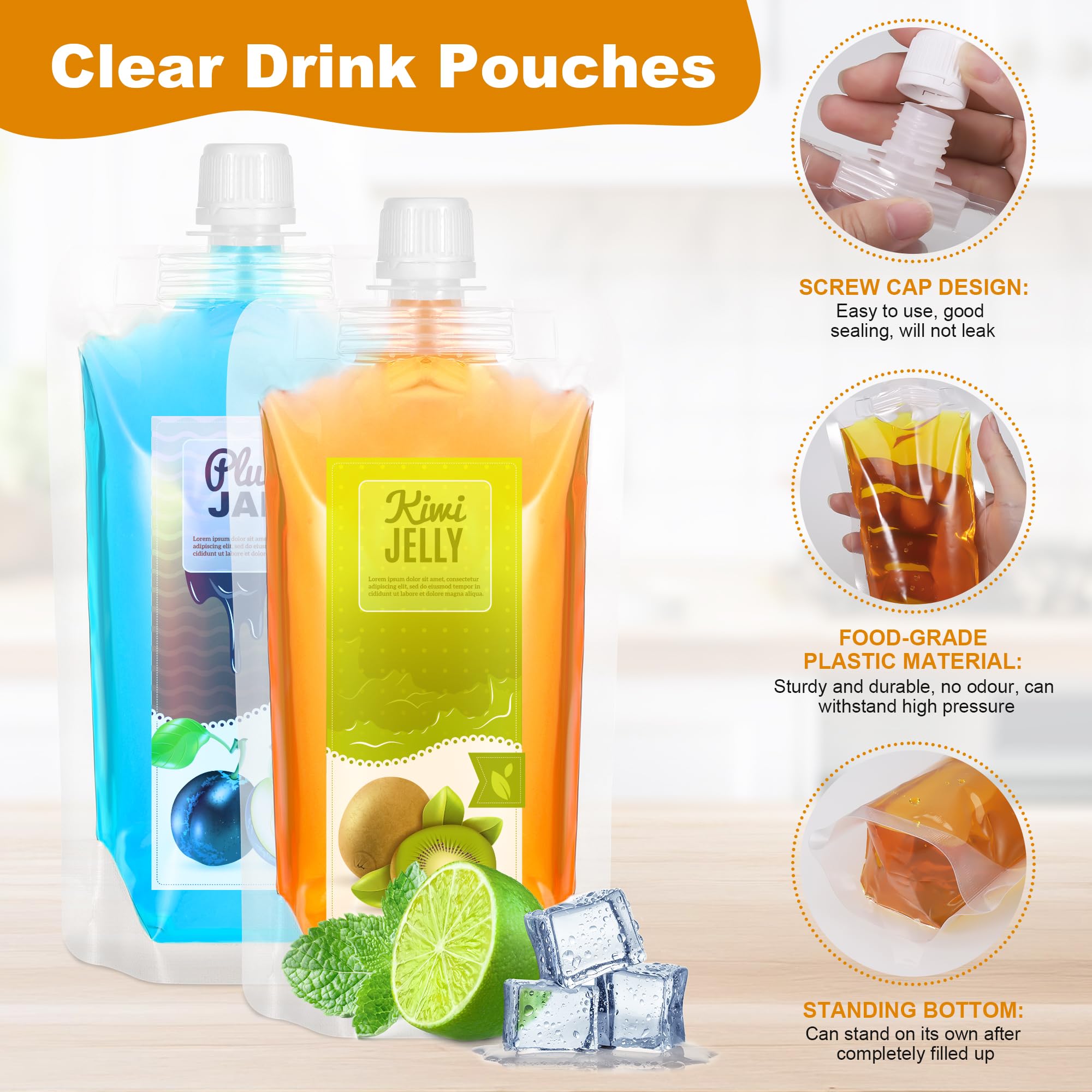 30 Pezzi Sacchetti per Bevande 250ml, Sacchetto per Bevande Usa e Getta con 2 Imbuti in Silicone, Saccheti Portatili per Liquidi, Sacchetti per Alcolici per Feste, Picnic, Viaggi, Sport