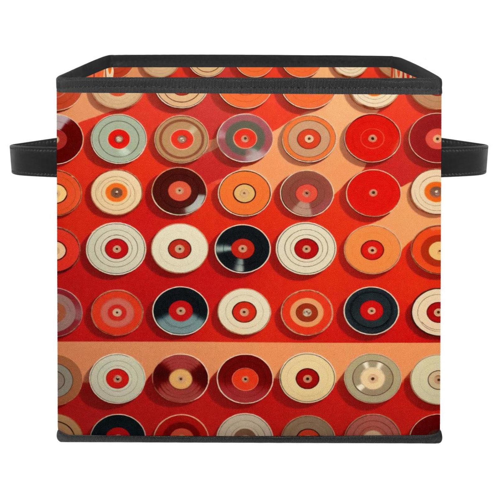 Boîte de rangement pliable dressing panier cube motif disques rouges poignées en cuir maison
