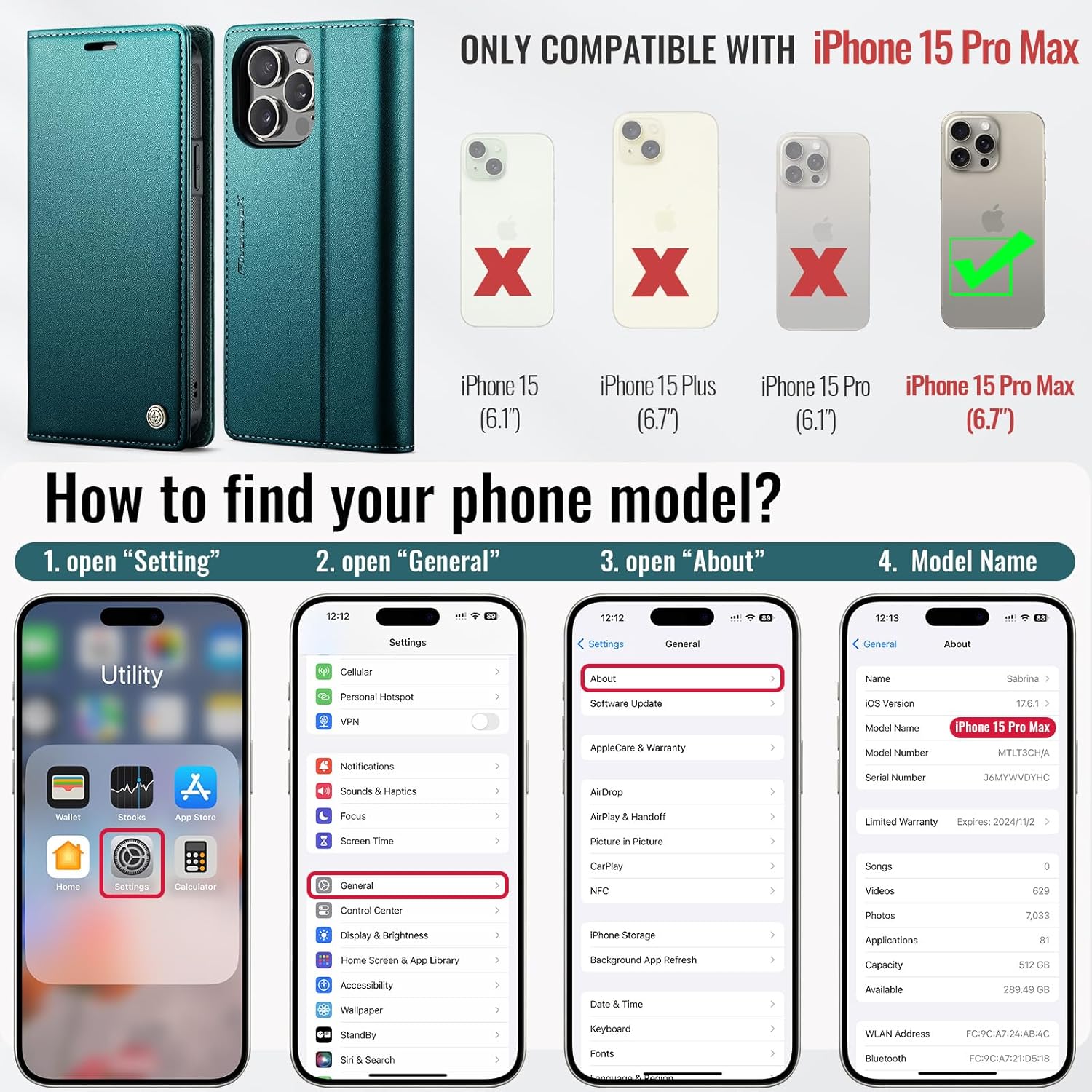 Wallet Case for iPhone 15 Pro Max Compatible with Magsafe, 2-in-1 PU Leather Flip RFID Blocking Card Holder Stand Shockproof Magnetic Detachable Cover for iPhone 15 Pro Max 6.7", Bluegreen - Image 7