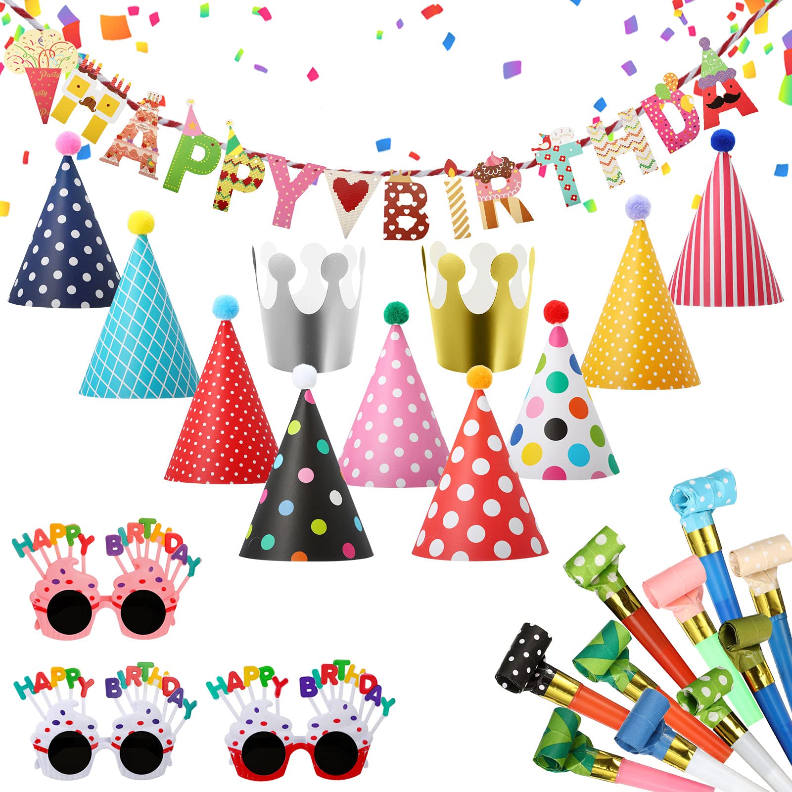 25 PCS Party Hats Pack with Happy Birthday Banners, Crown Hat, Glasses, Blowers for Boys, Girls, Kids, Adults Party Decoration