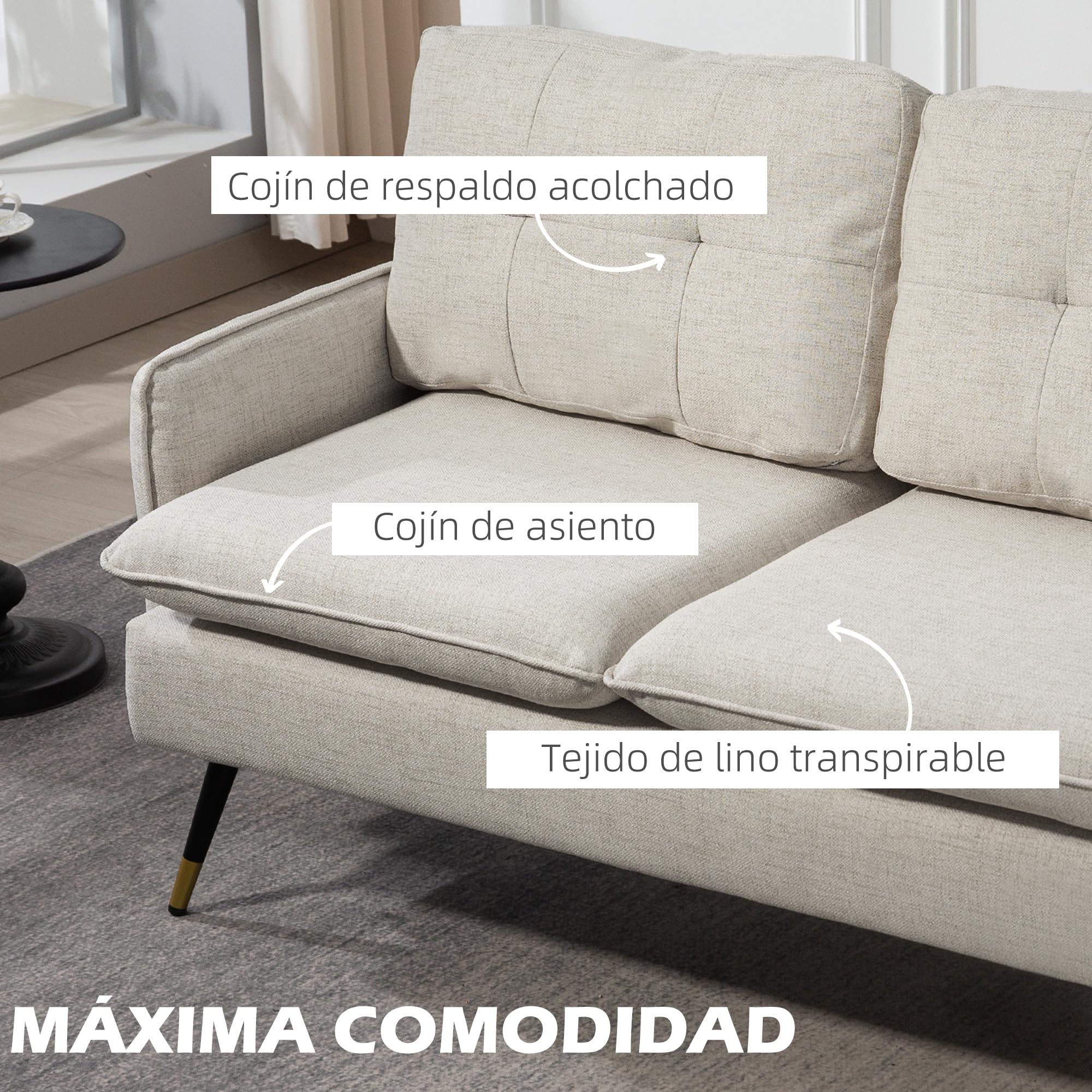 HOMCOM Sofá de 2 Plazas Tapizado en Lino Sofá de Salón 139 cm con Cojines Reposabrazos y Patas de Acero para Dormitorio Oficina Carga 240 kg Crema