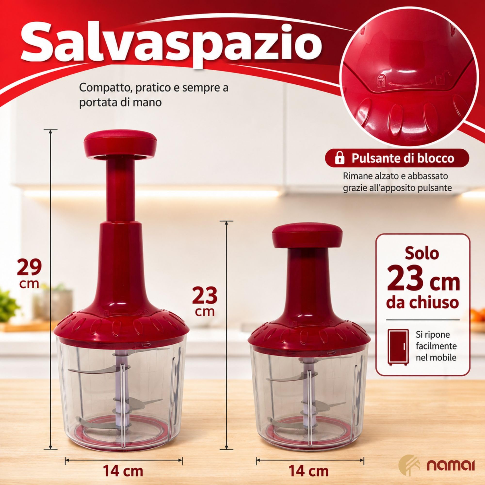 NAMAI - Tritatutto Manuale 5 Lame, 2 Contenitori, Mixer, Utile e Pratico | Lavabile In Lavastoviglie, Sicuro, Facile Da Usare, Ecologico