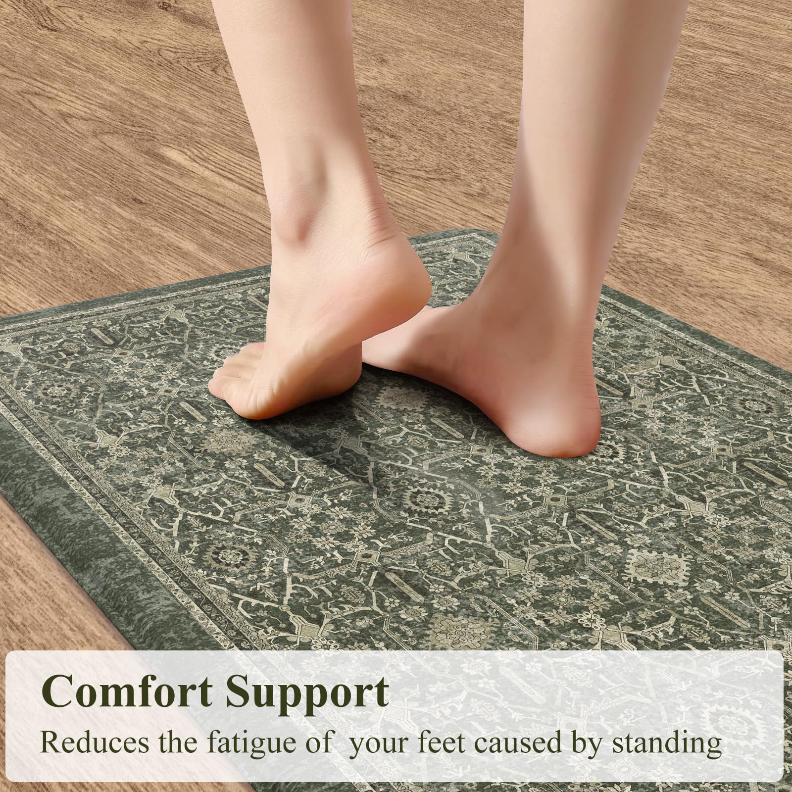 KIMODE Anti Fatigue Kitchen Mats for Floor Non Slip,Boho Farmhouse Kitchen Rugs Sets of 2,Memory Foam Standing Mat for Office,Waterproof Sink Rug for Laundry Office,Dark Green