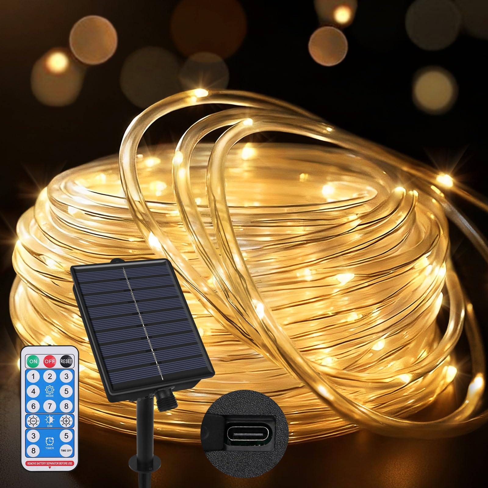 Joollurm Outdoor Rope Lights 65.6ft/20m 200 LEDs, Dual Solar & Type-C Charging, 8 Lighting Modes with Remote Timer, Waterproof String Lights for Garden Yard Party Christmas Decoration- Warm White