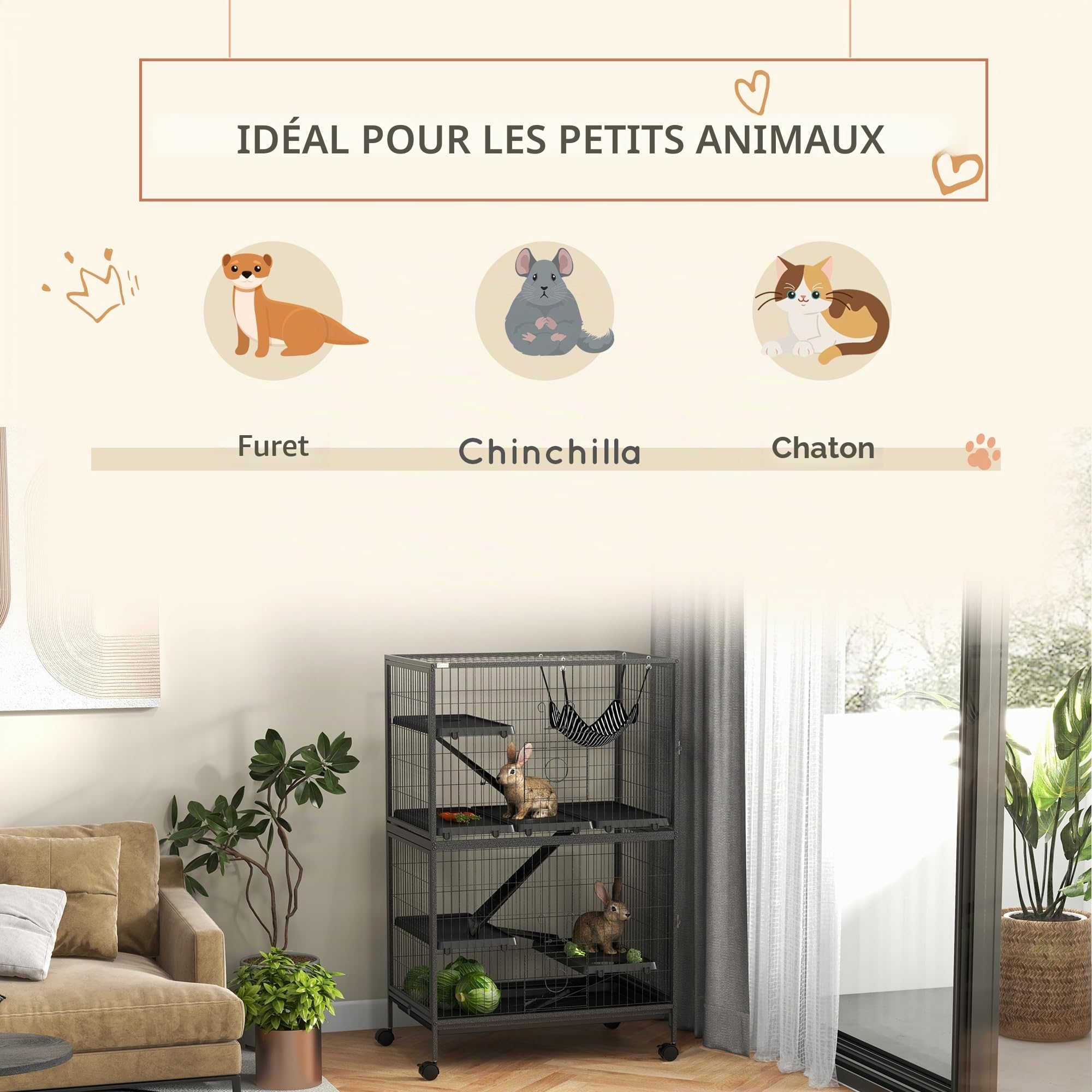 PawHut Cage pour Petits Animaux 4 Niveaux Cage pour rongeurs avec Roues, rampes, hamac Suspendu et Plateau Amovible Enclos pour Lapins Chinchillas Furets 80x52x128 cm Gris foncé