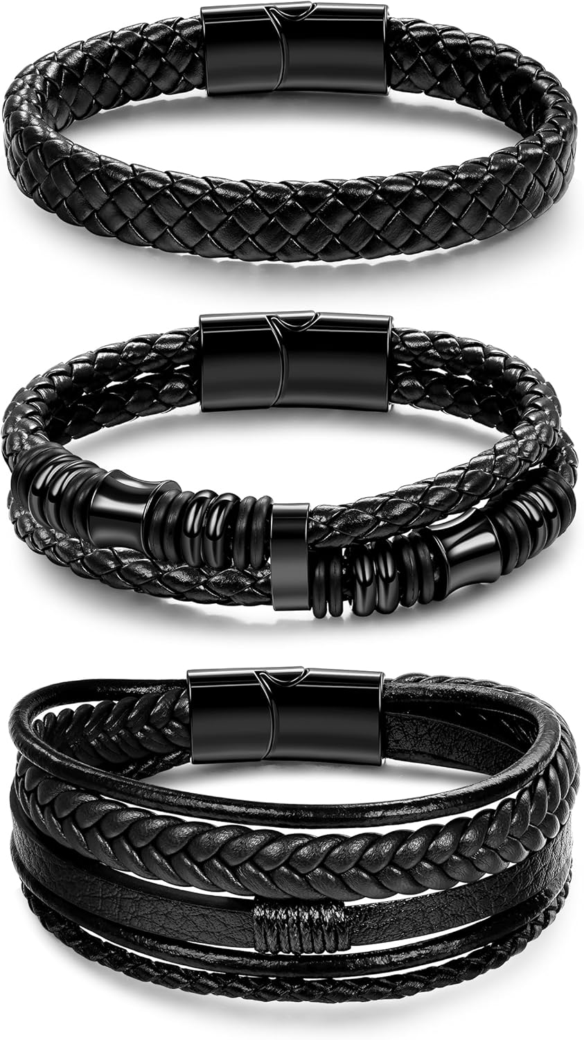 REVOLIA 3Pcs Black Leather Bracelets for Men Women Braided Leather Wristband Cuff Bracelets Multi-Layer Braided Leather Bracelets Set 7.5-9 Inches