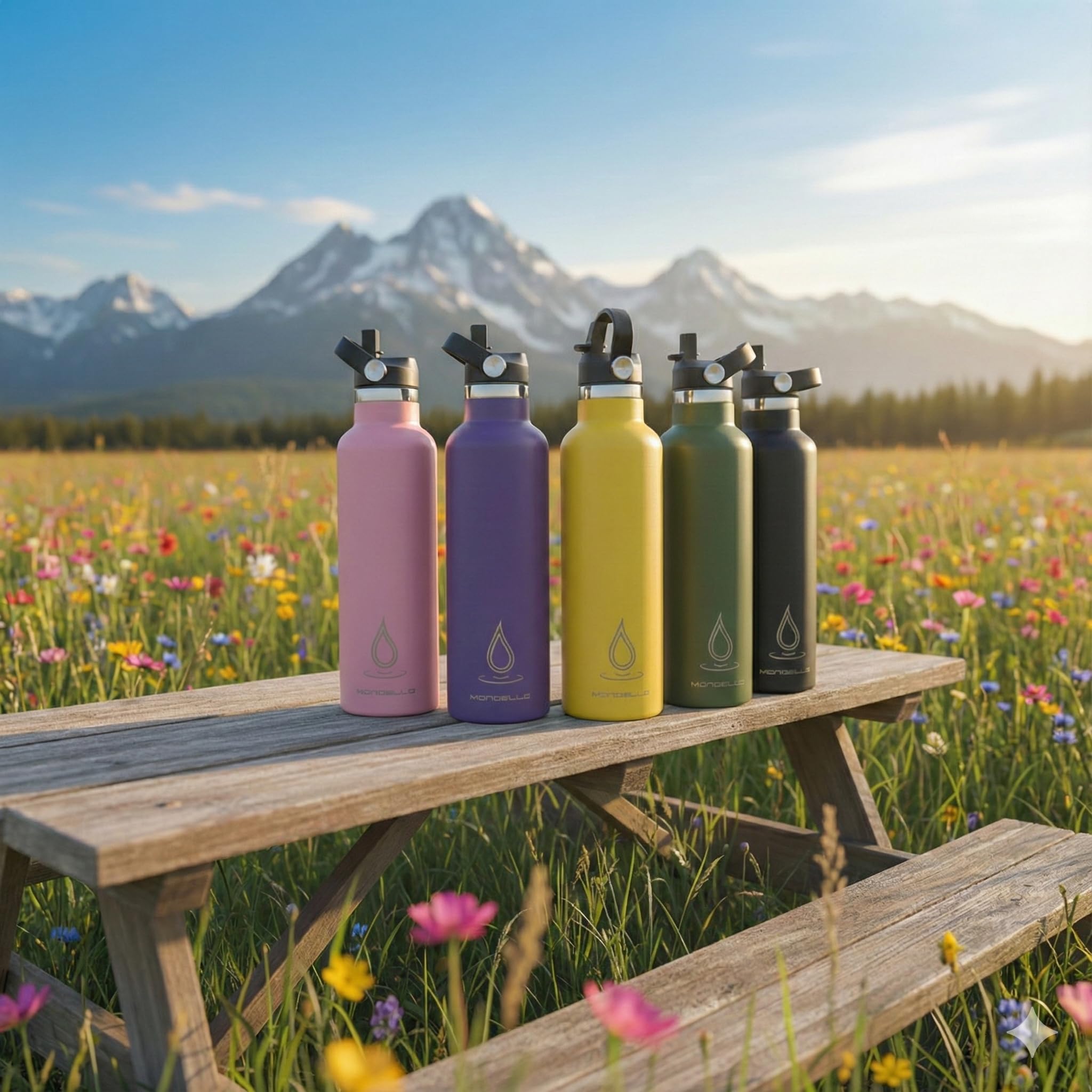 Mondello Borraccia termica in acciaio inox con cannuccia e cinturino (giallo, 750 ml) – thermos a doppia parete, ermetica, senza BPA, per bevande calde e fredde
