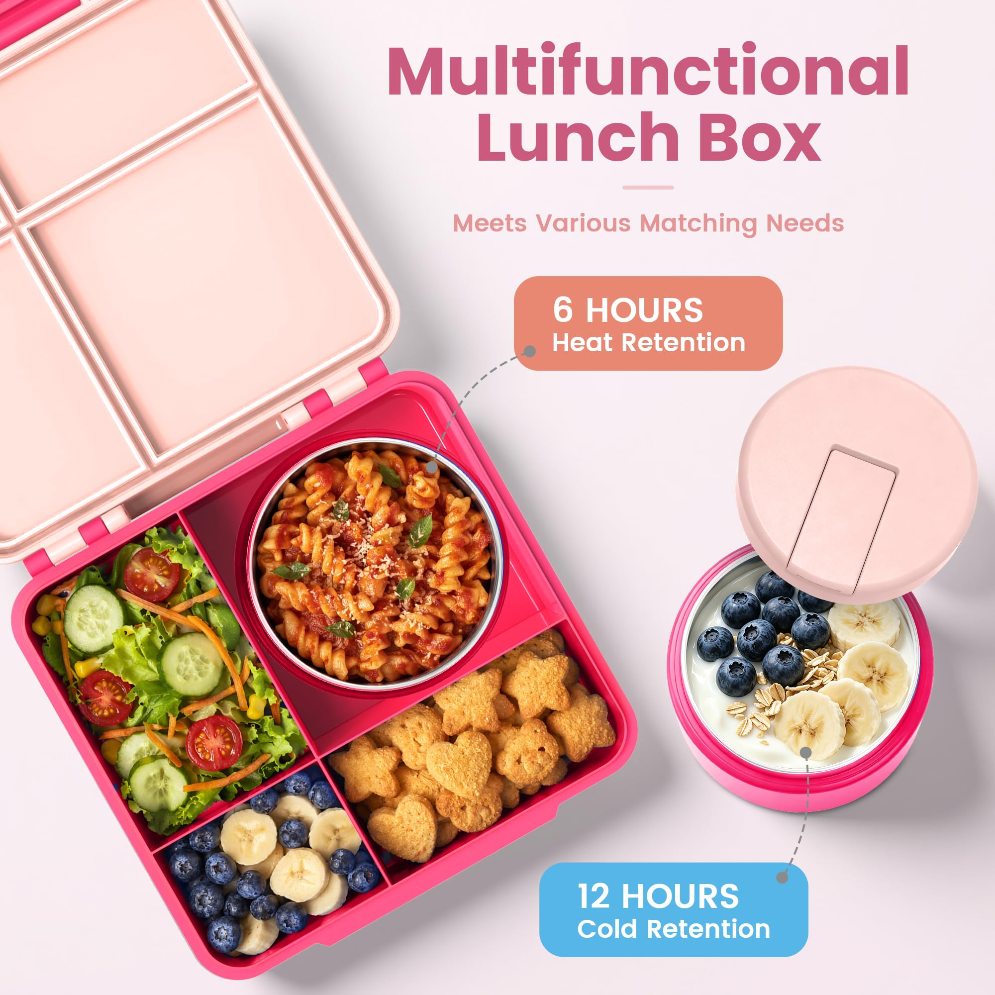 LOHASOK Lonchera Bento con termo de sopa de 8 onzas, recipientes de almuerzo a prueba de fugas con 4 compartimentos, tarro térmico de alimentos calientes y lonchera aislada para la escuela, color rosa