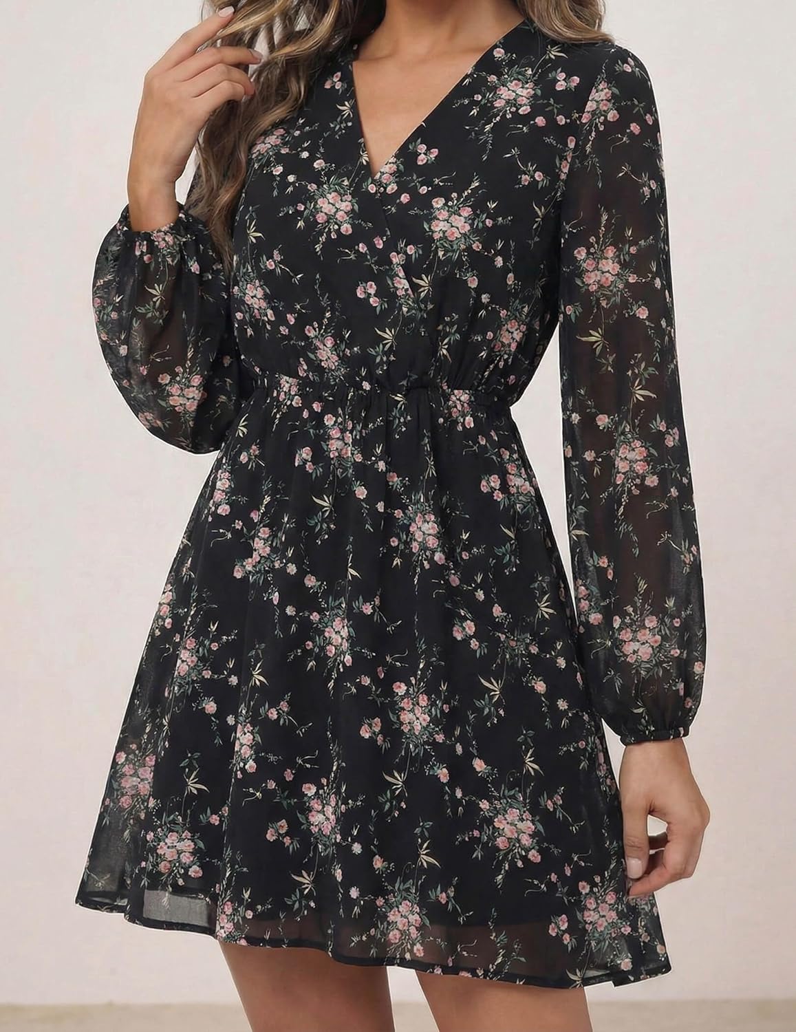 DERAX Women's Boho Floral Mini Dresses Fall V Neck Chiffon Long Peasant Sleeves 2026 Spring Short Dress - Image 2