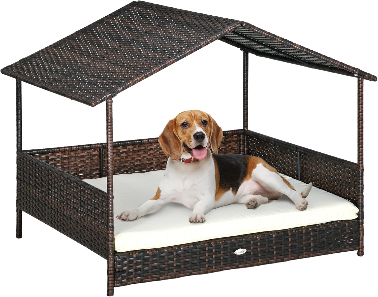 PawHut Outdoor Wicker Dog House with Canopy, Rattan Dog Bed