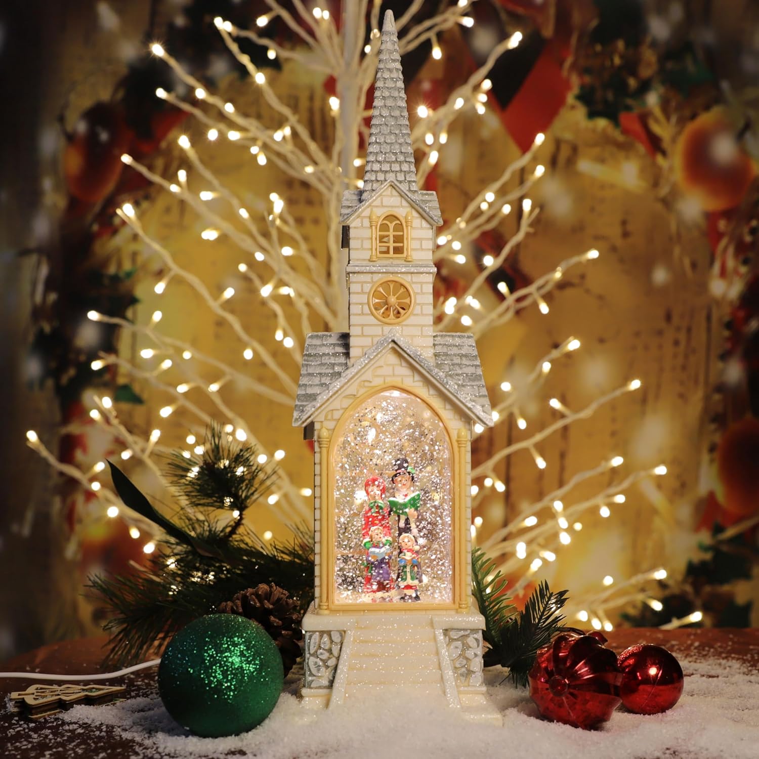 LAMPHOME Christmas Church Snow Globe Lantern Christian Church Snow Globe Christmas Carolers Snow Globes for Christmas Decorations Lighted Water Lantern Church with Carolers in Swirling Glitter Water