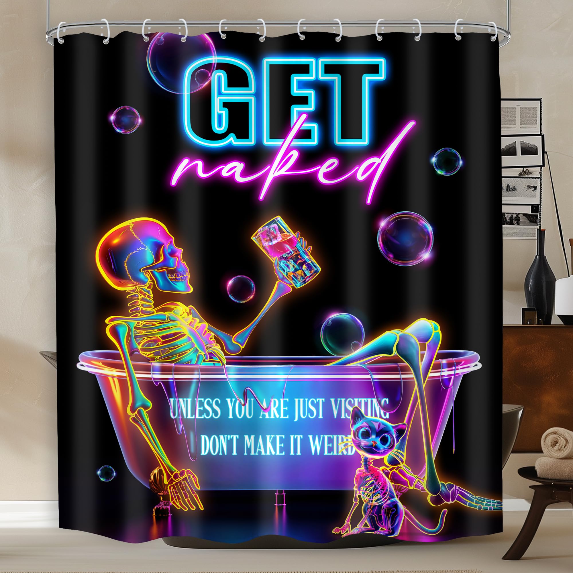 Mitpok Neon Funny Skull Shower Curtain 60Wx72H Skeleton Gothic Spooky Unique Cool Bone in Bathtub Bubbles Black Halloween Cat Modern Bathroom Decor