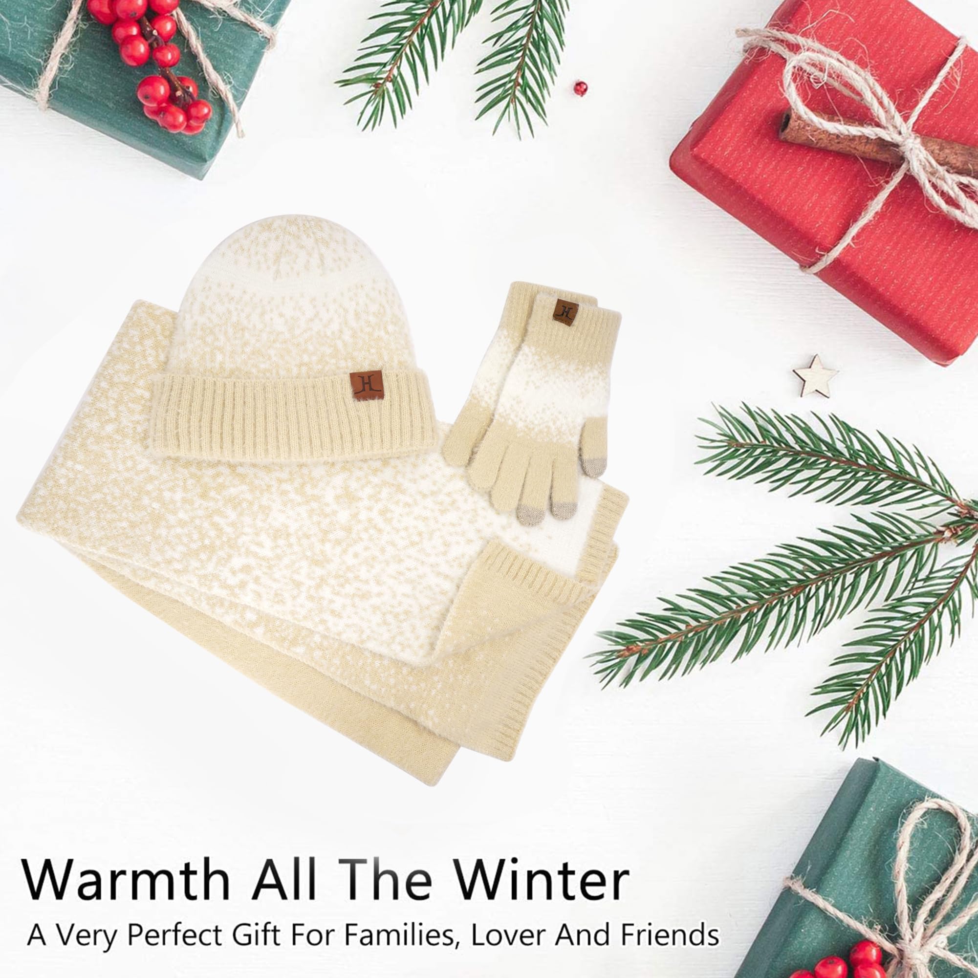 Femme Hiver Tricot Bonnet Chapeau Gants Tactiles Longue Echarpe Ensemble avec Doublure en Polaire Chauffants Skull Casquette Gants Foulards