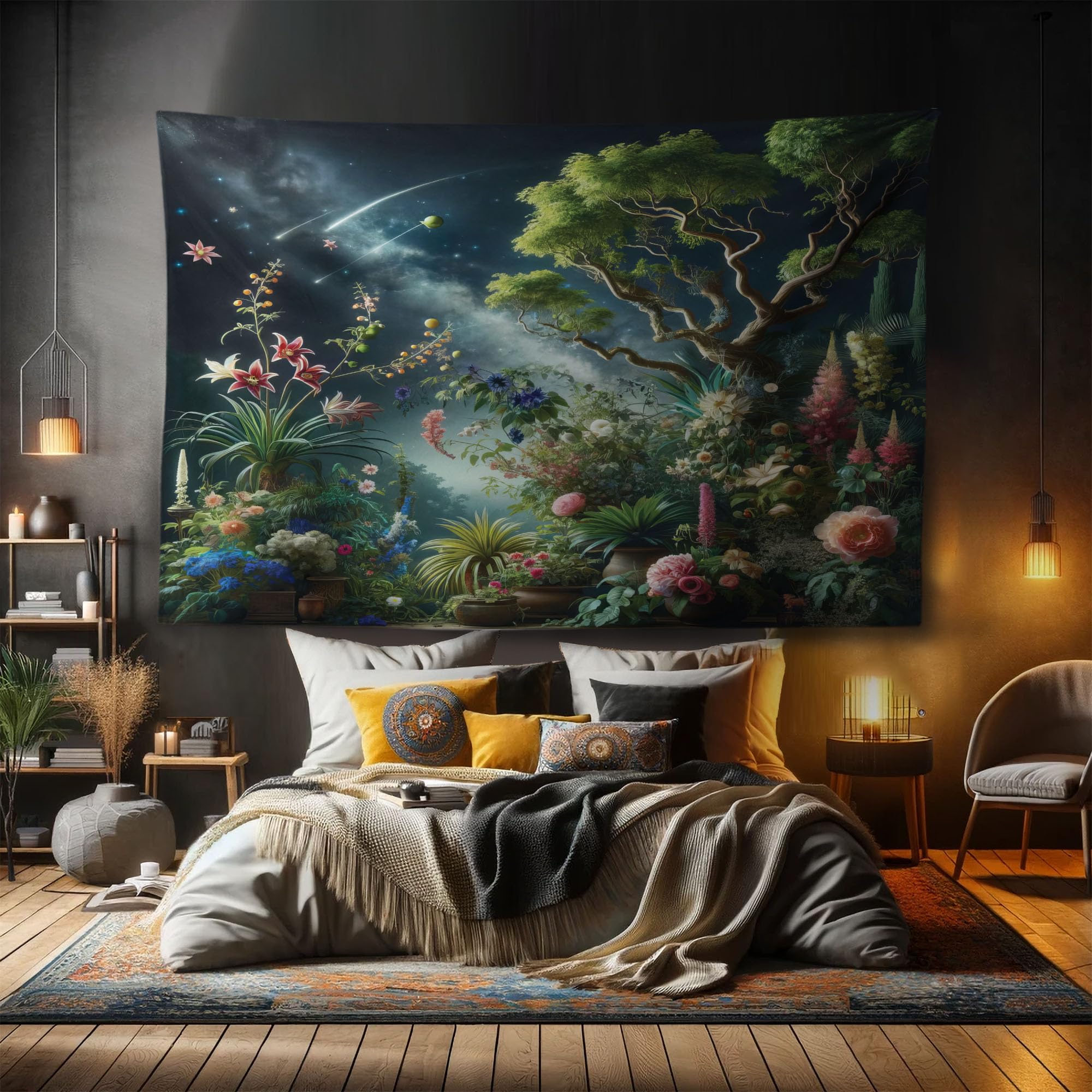 Ambesonne Aesthetic Tapestry, Exotic Forest of Twilight with Trees Bushes and Flowers Falling Stars, Fabric Wall Hanging Decor for Bedroom Living Room