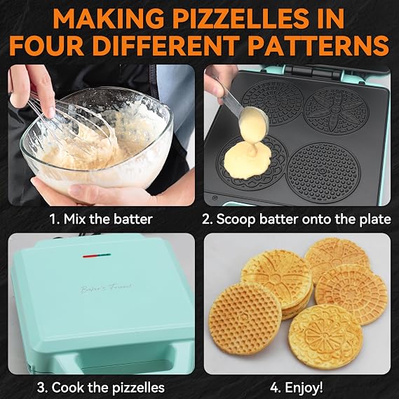 Bakers Friend Pizzelle Maker Electric, 4 X 3.5 Pizzelle Waffle Cookies for Christmas Baking Supplies, Stroopwafel Iron, Cookie Maker Machine with Pattern, Thin Waffle Maker, Aqua