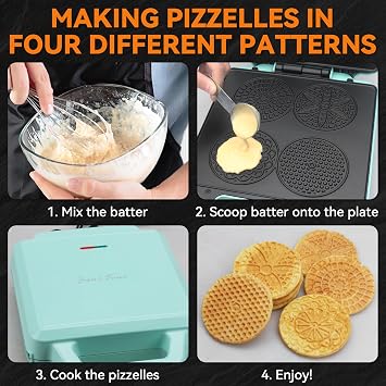Bakers Friend Pizzelle Maker Electric, 4 X 3.5 Pizzelle Waffle Cookies for Christmas Baking Supplies, Stroopwafel Iron, Cookie Maker Machine with Pattern, Thin Waffle Maker, Aqua