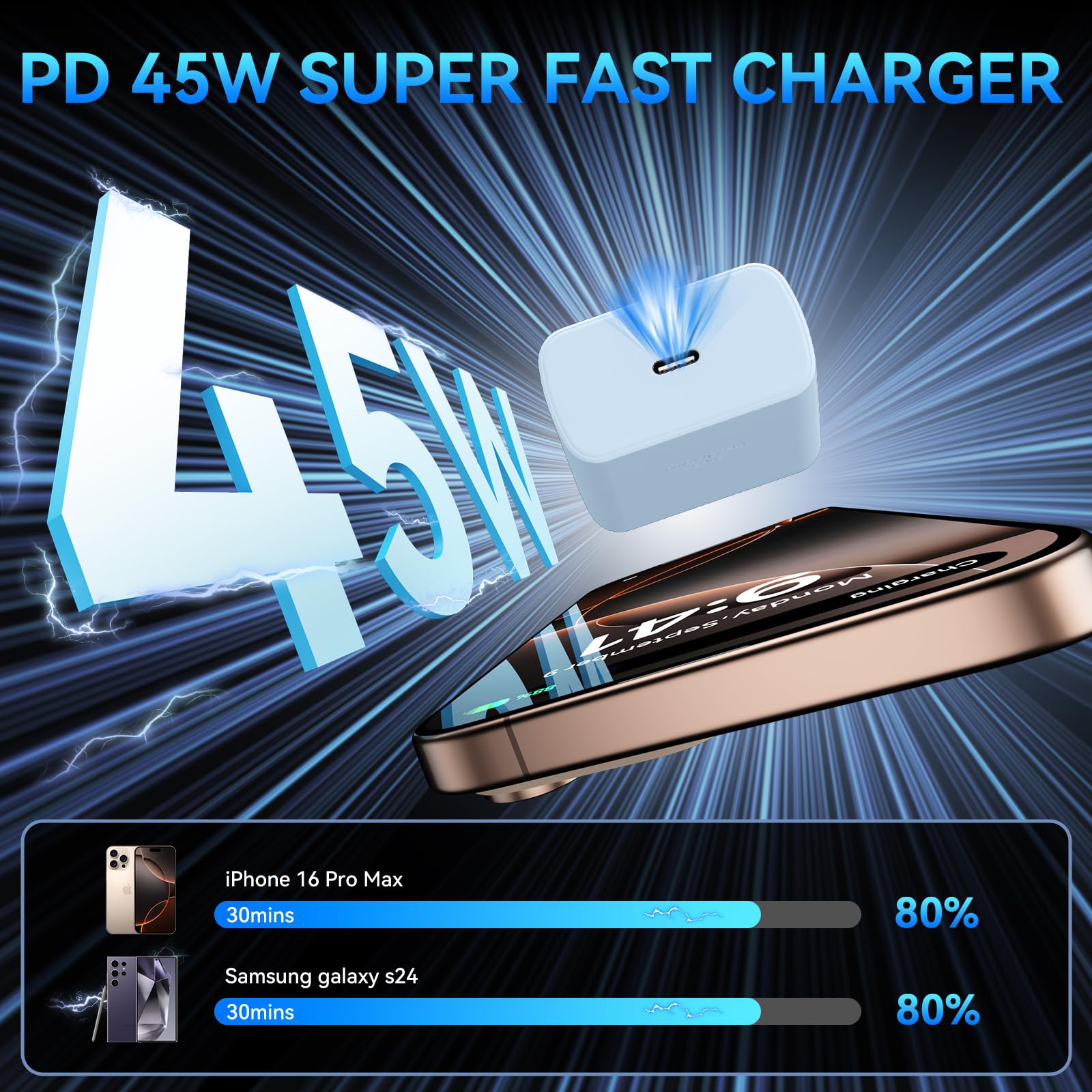 16 Pro Max Charger Fast Charging, 45W Super Fast USB C Charger Block with 10FT Long Charging Cord for Phones 16 Pro Max/16/15, Android-Blue