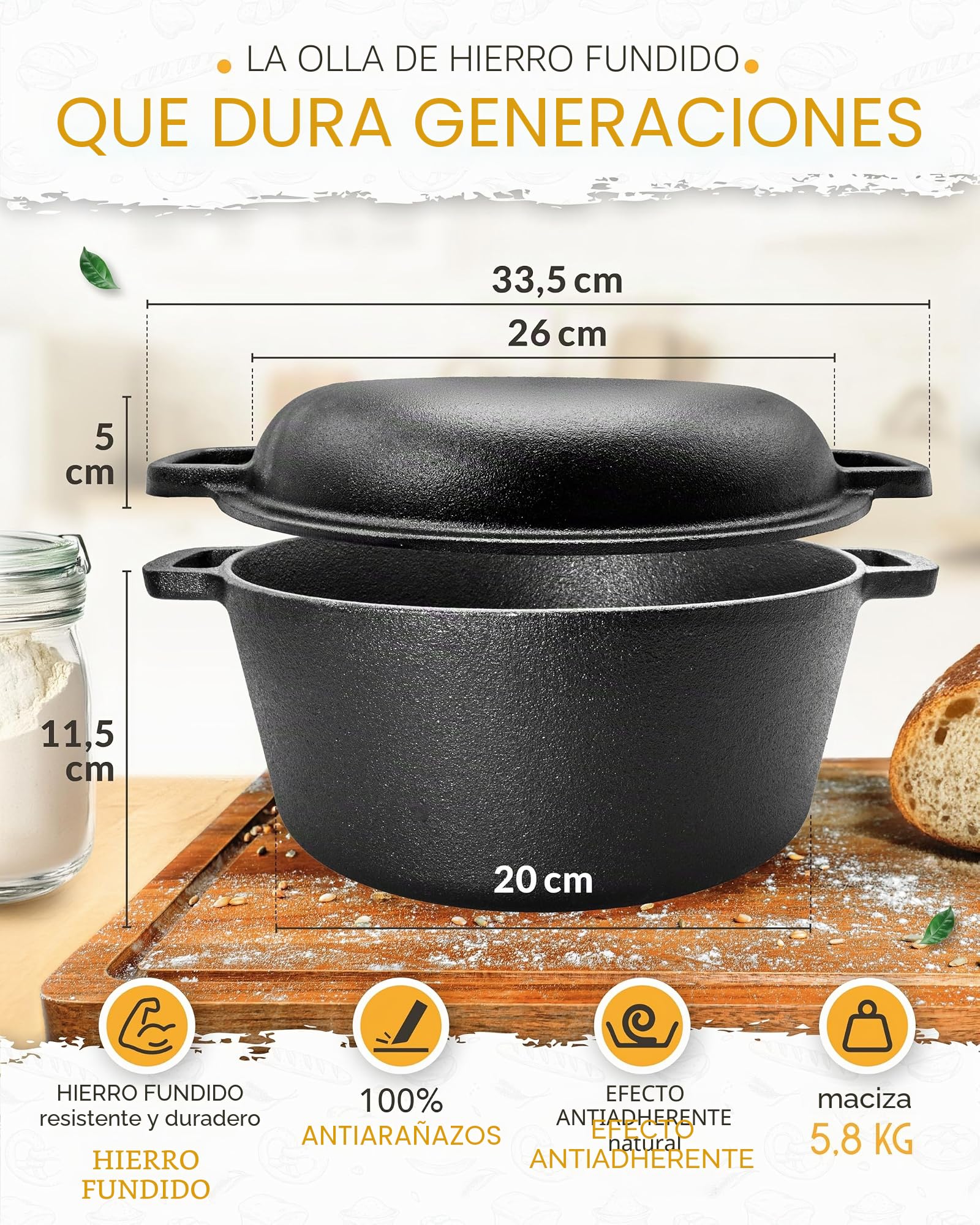 KRUSTENZAUBER Juego XXL de cacerola de hierro fundido, molde para pan con tapa, incluye cesta de fermentación, batidor, cuchillo de panadero, espátula para masa, soga de pan y más – Juego perfecto