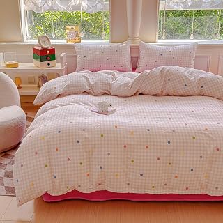 BlueBlue pink grid duvet cover with rainbow dots