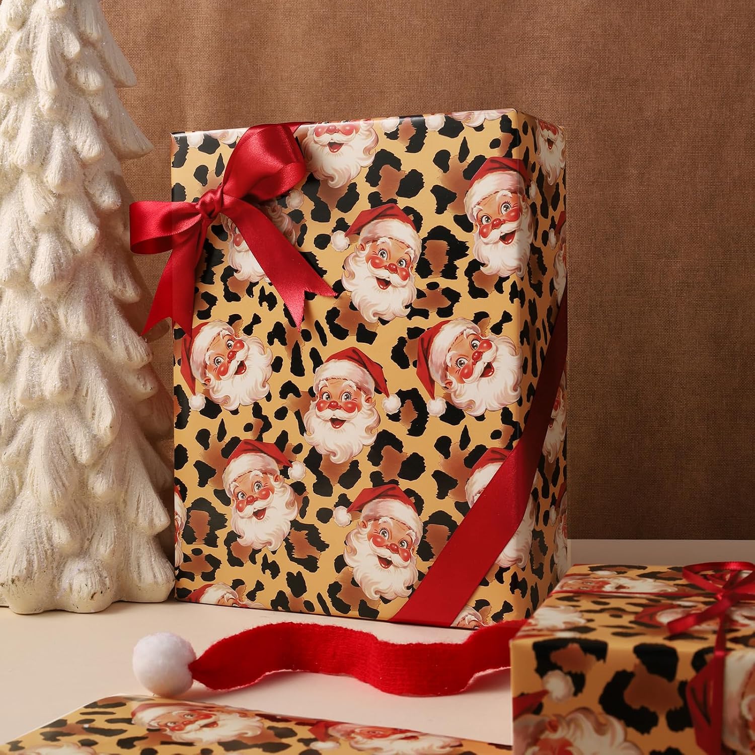 LaRibbons Christmas Santa Wrapping Paper, Vintage Santa Leopard Print image 4