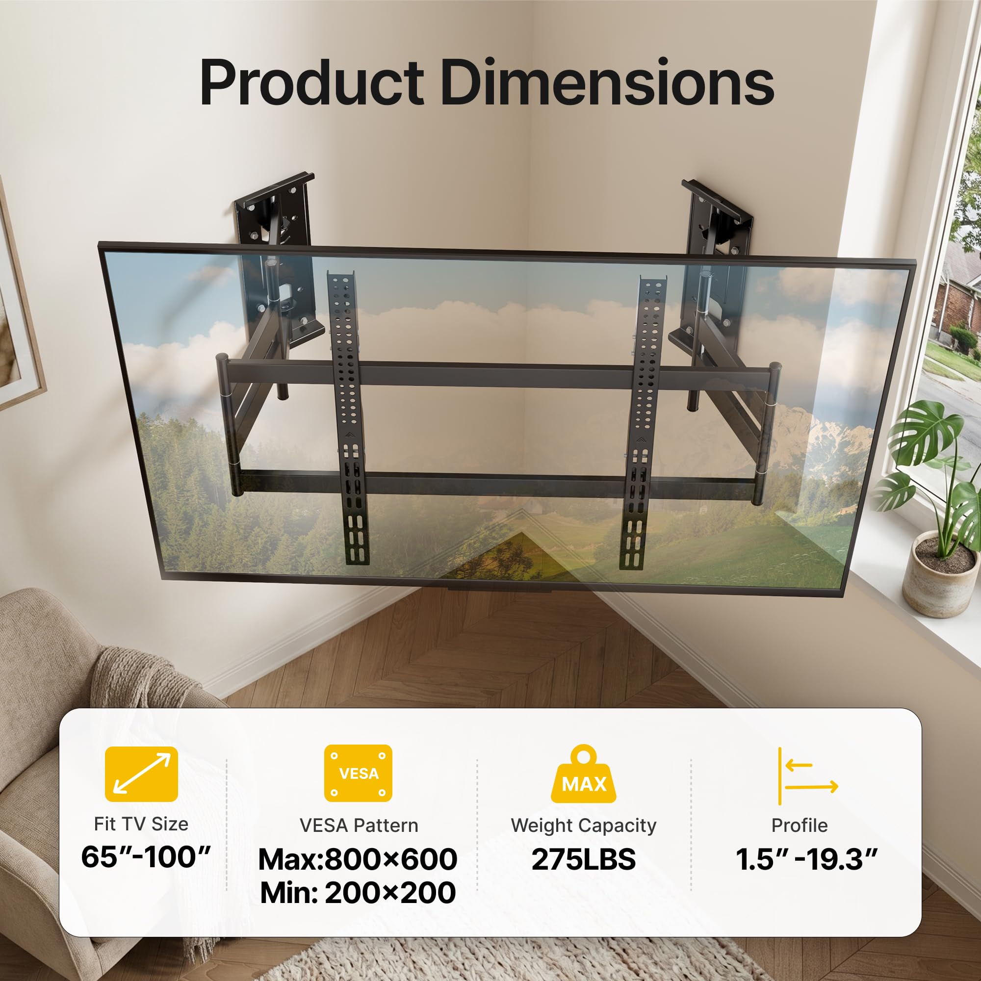monTEK Soporte de pared de esquina resistente para televisores grandes de 65 a 100 pulgadas, soporte de TV de movimiento completo con brazo articulado de 19.3 pulgadas de largo, brazo de pared doble