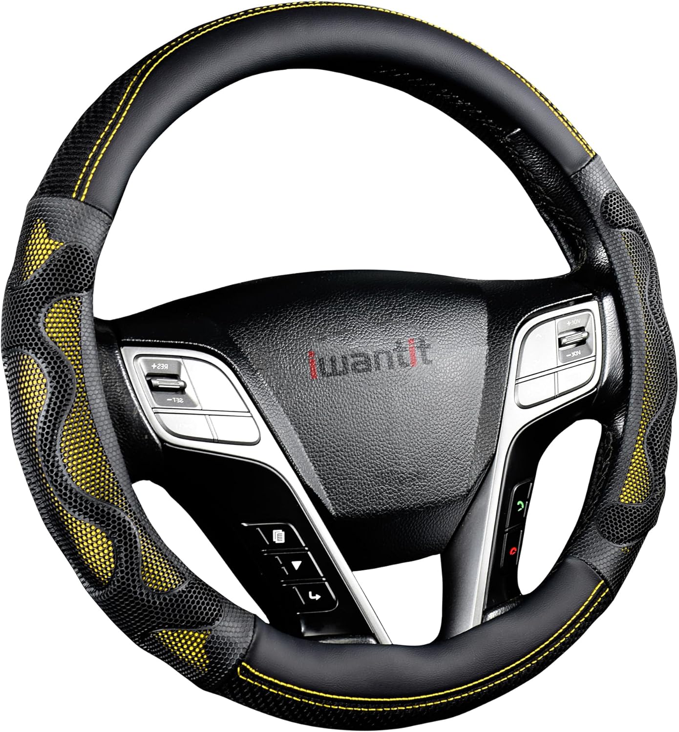 Iwantit® Car Steering Wheel Covers with 3D Silicone Honeycomb for Men,Anti-Slip Design and Breathable Fabric,Universal Fit 14.5-15 Inches (Full Black)