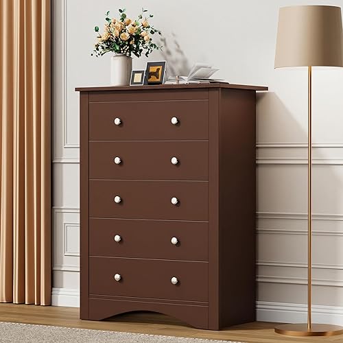 Miniatura 7 de Flamaker Cómoda alta para dormitorio, cómoda de 5 cajones, cómoda de madera, cómoda ancha, cajones de almacenamiento, organizador de almacenamiento