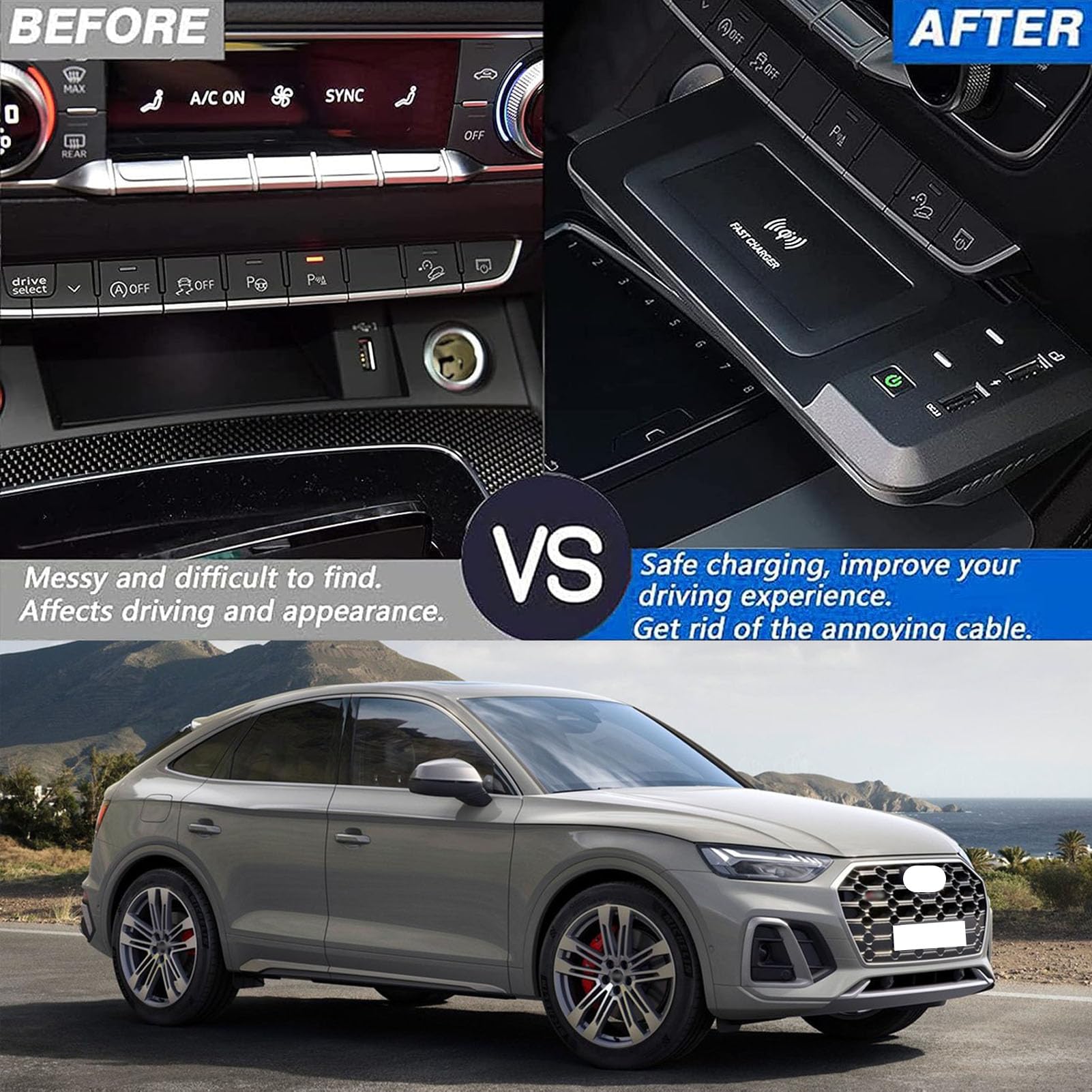 Caricabatterie Wireless per Auto per Q5/Sq5 Tutti i Modelli Accessorio con 15 W Wireless e USB Qc3.0 Ricarica Rapida Regalo per la Famiglia