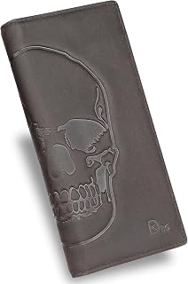 Skull Long Wallet For Men Full Grain Leather Rfid Blocking Rodeo Wallet Bifold Wallet Skull Wallet, Coffee A