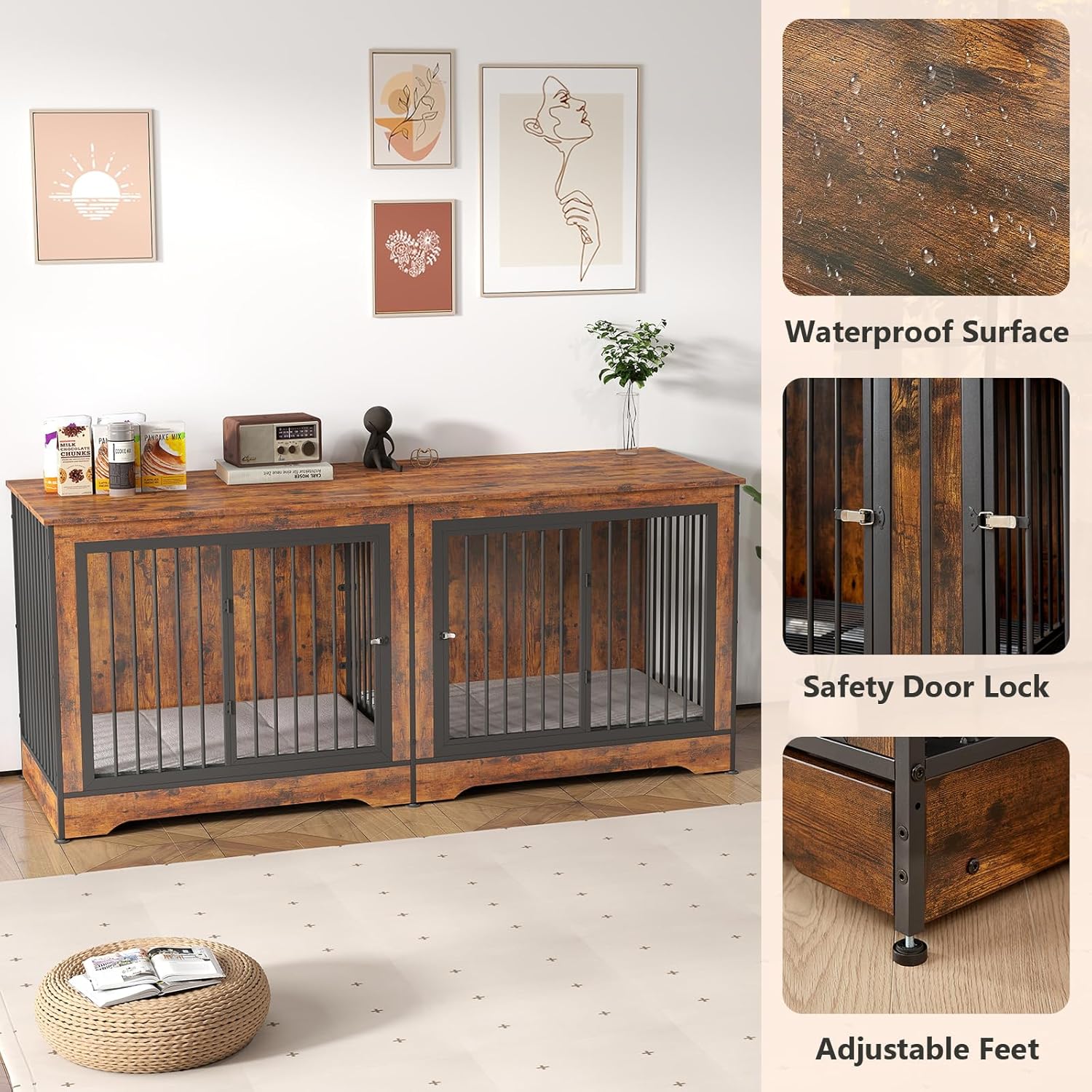 Rovibek 75 Inch Double Dog Crate Furniture, Wooden Dog Cage Furniture, Decorative Dog Kennels with Double Doors, Large Dog Crate TV Stand Kennel for 2 Large Dogs, Brown