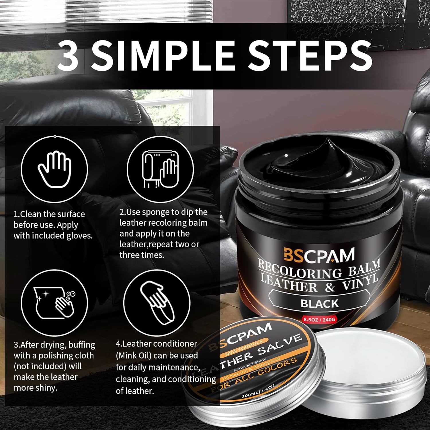 Black Leather Recoloring Balm with 100ml Mink Oil,Leather Couch Scratch Remover,Leather Repair kit for Vinyl Furniture and Car Interior,Leather Dye Paint,Mink Oil for Leather