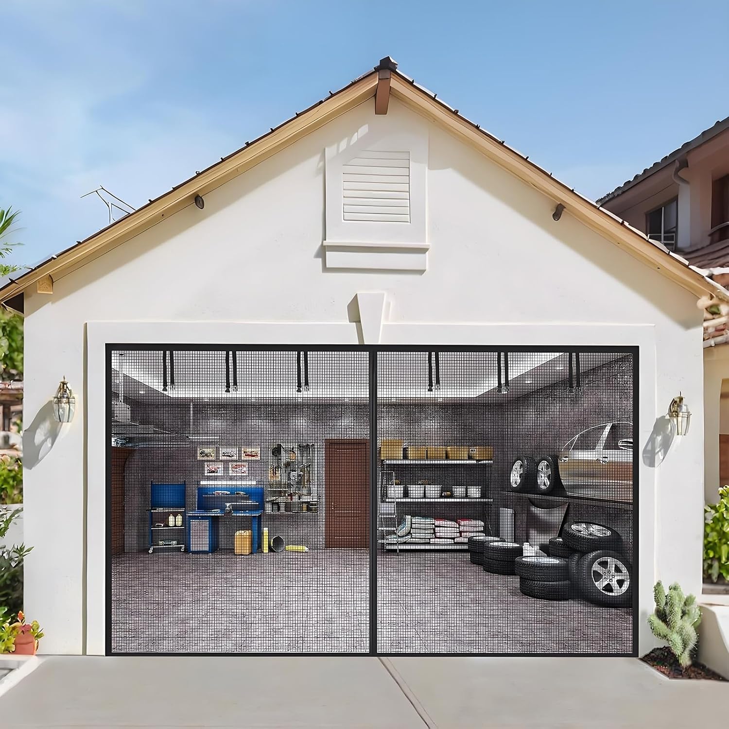 Garage Door Screen with Magnetic Closure 16x7Ft 8x7Ft 12x8ft 13x8ft 14x7ft Garage Screen Doors Fiberglass Mesh Heavy Duty Weighted Bottom Self Sealing Hands Free Net Screen(White,9x7ft)