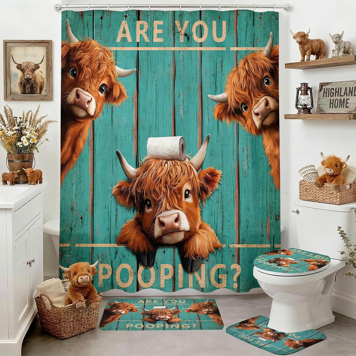Mocsicka Vintage Funny Highland Cow Shower Curtain Set Retro Green Plank Door Farmhouse Cow Bath Decor Set Funny Bath Curtain Set with Anti-Slip Waterproof Bathtub Bathroom Rugs Toilet Lid Cover