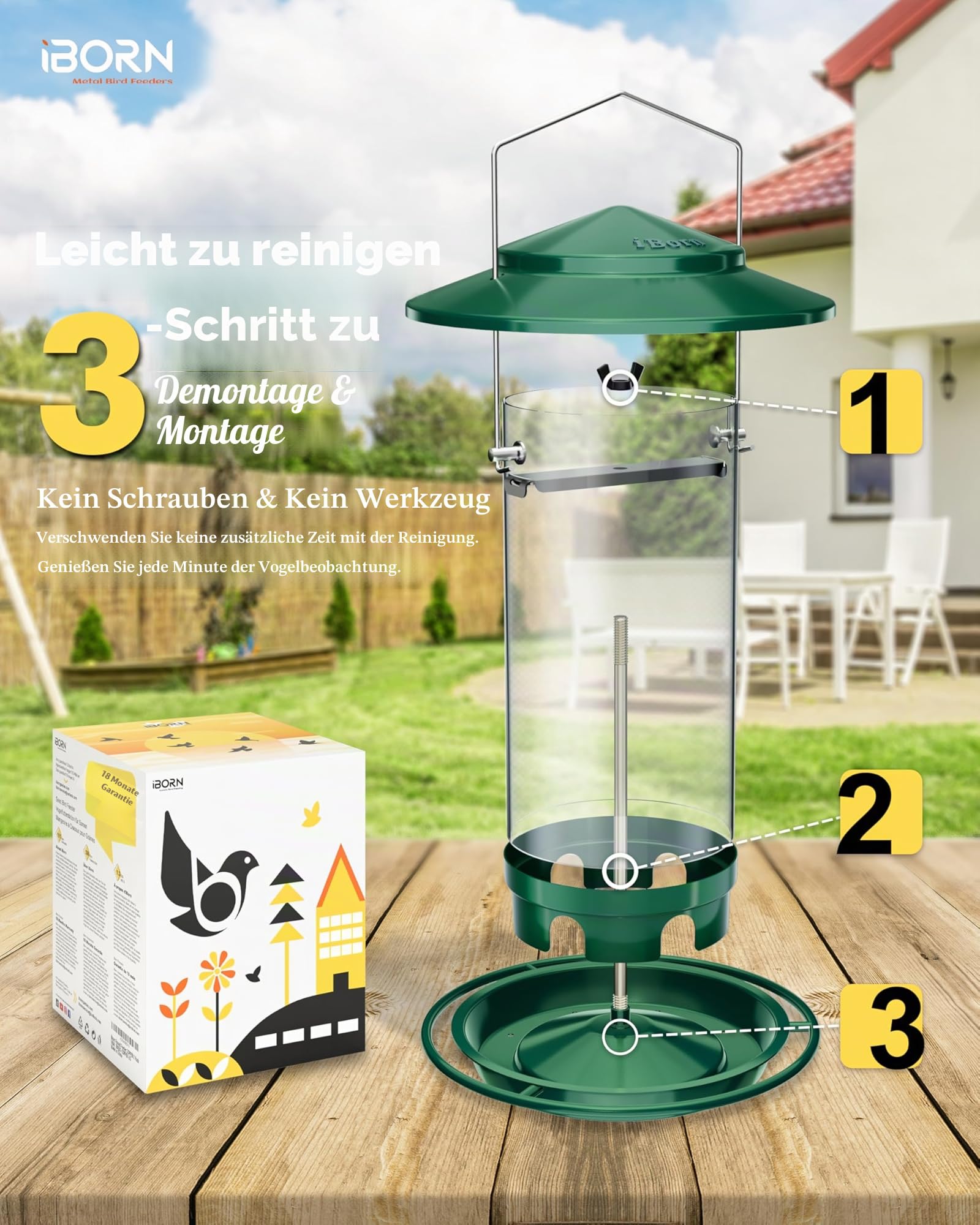 iBorn Vogelfutterspender,Metall Vogelhaus zum Aufhängen,Futterhaus für Vogel mit Futterschale,6 Futterlöcher,18 cm Wetterfest Dach,Ganzjährige Vogelfütterung,Wildvögel Futtersilo,Grün