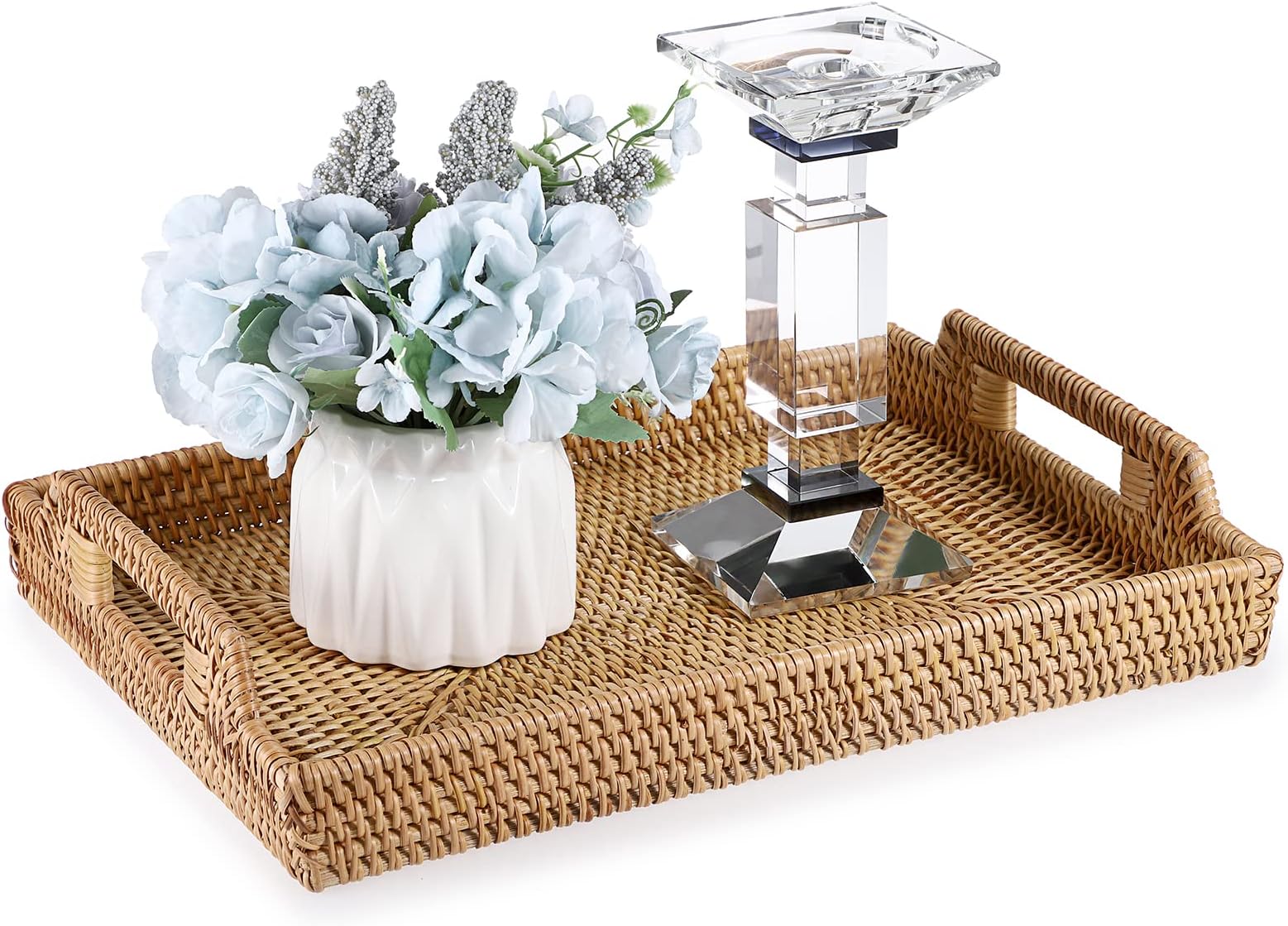 Hipiwe Rattan Serving Tray with Handles Hand-Woven Decorative Tray for Storage Breakfast, Drinks, Snack,Rectangular Basket Organizer Tray for Coffee Table, Home Decor (Large)