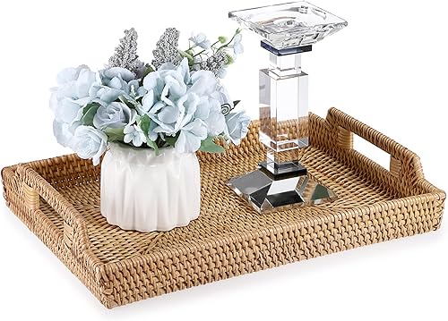 Miniatura 8 de Hipiwe Bandeja de ratán para servir con asas, bandeja decorativa tejida a mano para almacenamiento de desayunos, bebidas, aperitivos, bandeja