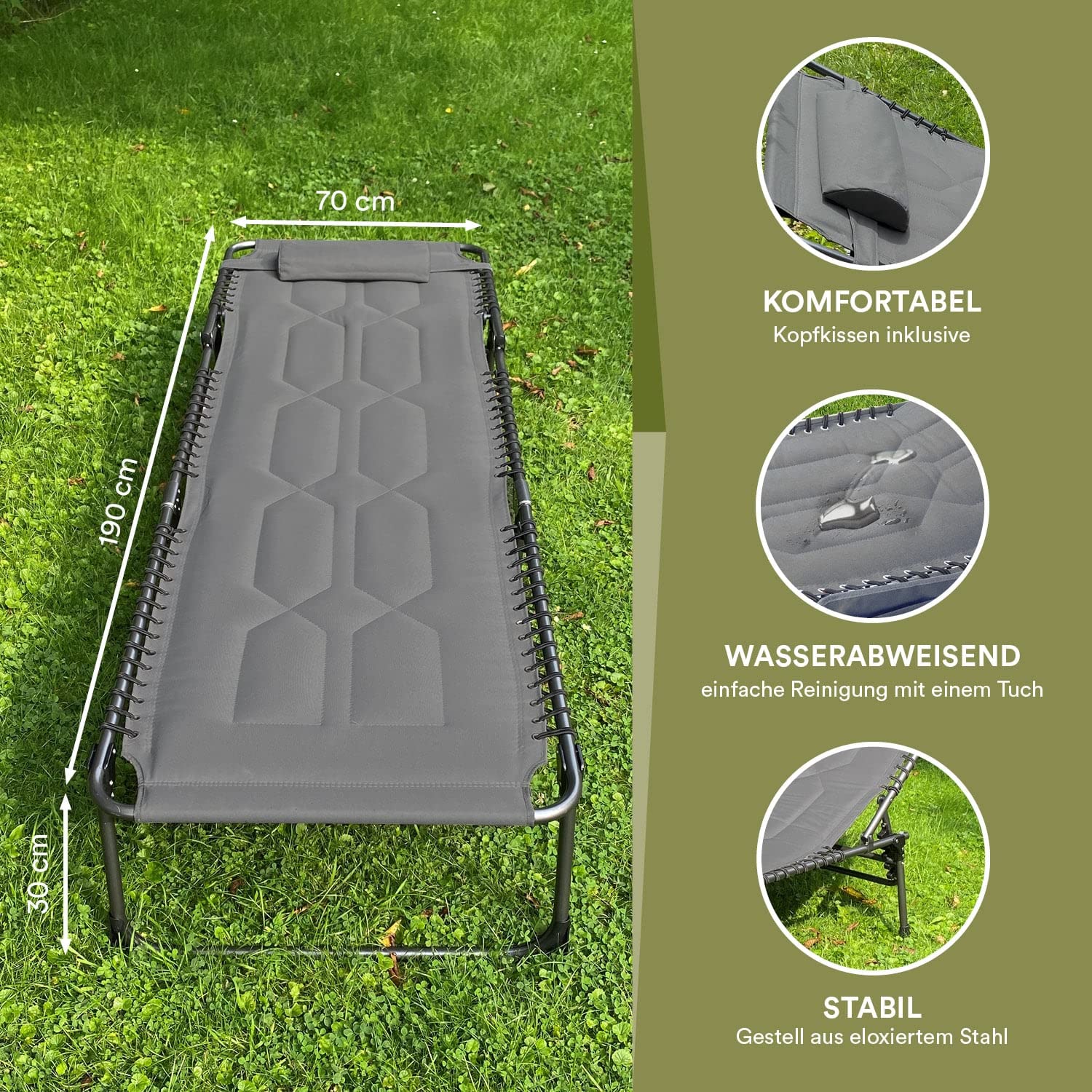 Skandika Sonnenliege Torget | Klappbare Campingliege, gepolstert, 5-Fach verstellbares Kopfteil, Seitentasche, bis 150 kg, wasserabweisend, Stahl-Gestell | Faltbare Liege für Camping, Garten