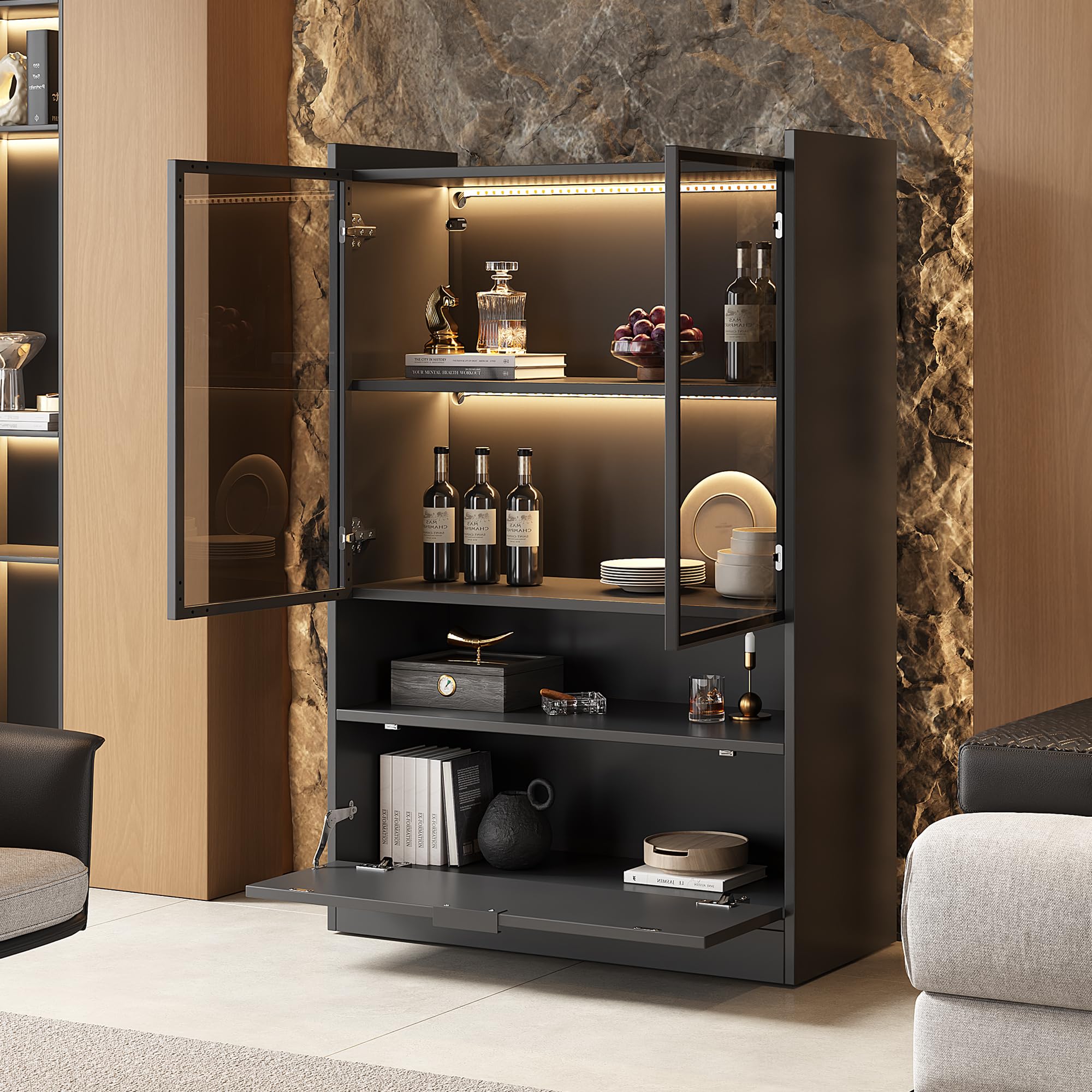 Vitrina Expositora con Iluminación LED, Vitrina Salon con 2 Puertas y Estante, Vitrina Cristal con Compartimento Abierto y Armario de Almacenaje, 80x120x35 cm, Negro