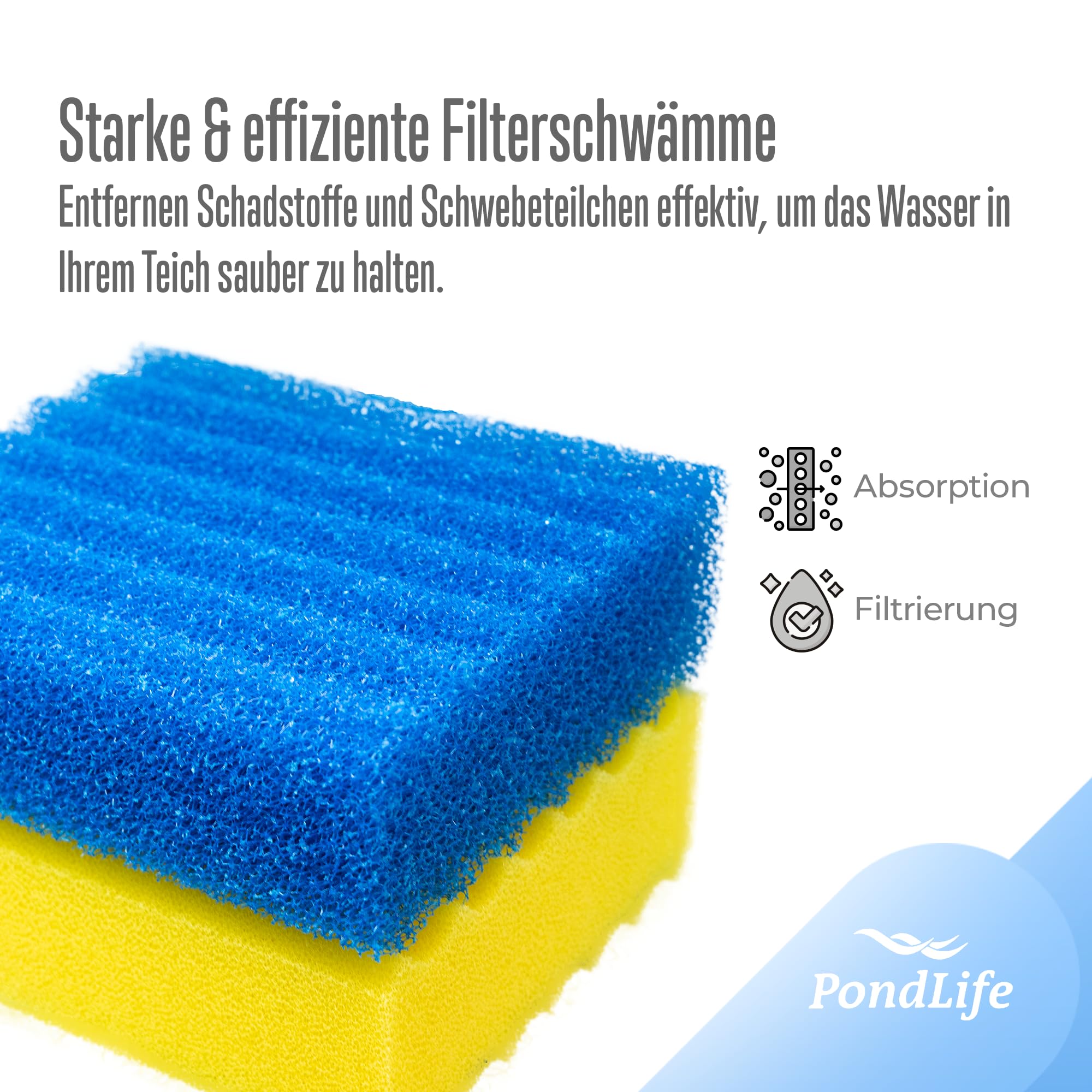 Pondlife Teichfilter Schwämme, Filterschwamm-Set für Teichfilter, 4x Gelb (Fein), 4x Blau (Grob), kompatibel mit SunSun CBF 350 und Osaga Kammerfilter, offenporiger Schaumstoff