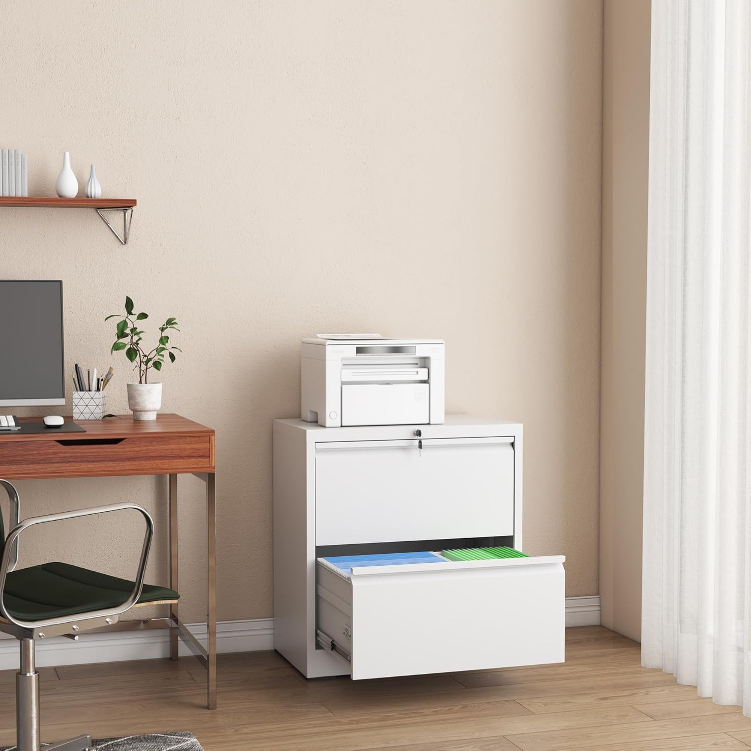 File Cabinet with Lock, 2 Drawer Filing Cabinets for Home Office, Metal Heavy Duty Lateral File Cabinet for Hanging Letter/Legal/F4/A4 Size Files, Assembly Required (White)
