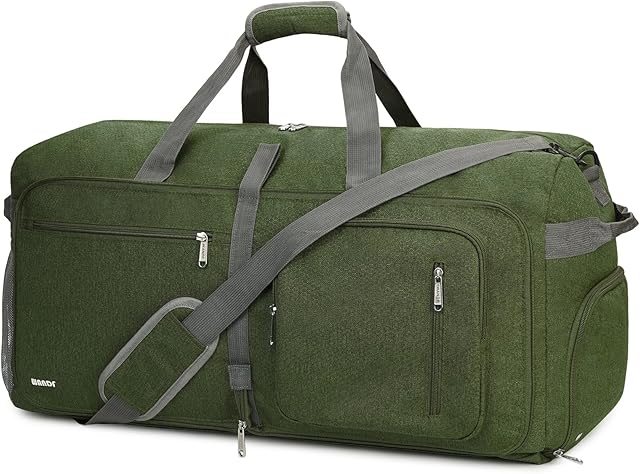 WANDF Travel Duffle Bag 65L with Wet Pocket & Shoes Compartment Foldable Overnight Weekender Bag Carry On Bag for Men Women (Dark Green)