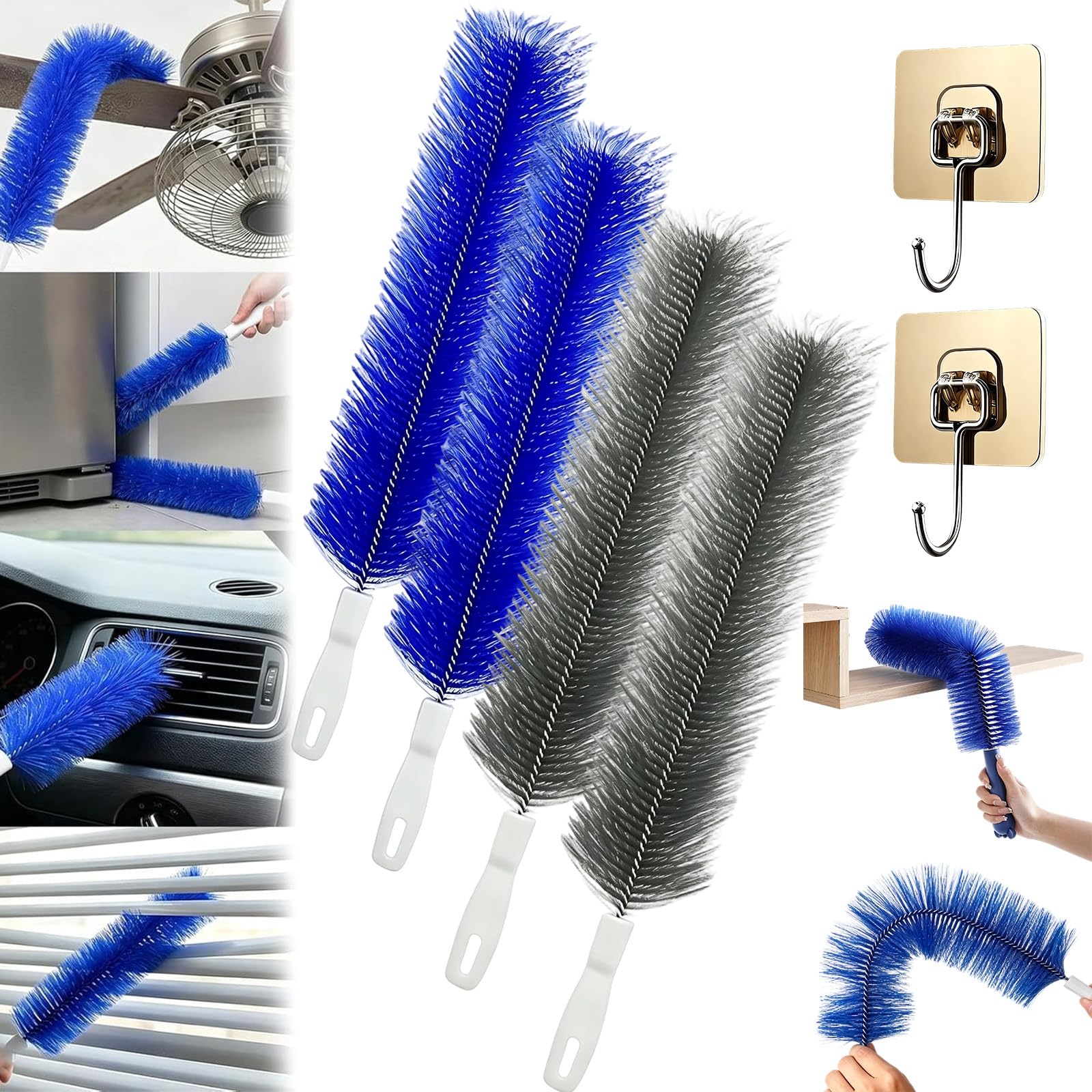 Bendable Microfiber Head, Cobweb Duster, Fan Cleaner Brush Reusable Dust Remover Washable ldeal for Electric Fans, Air Conditioning, Car Vents, Curtains (2blue2grey)