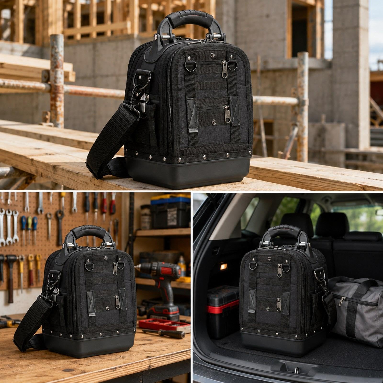 Bolsa de Herramientas Portátil, Soporte para Herramientas, Fuelle Rígido, Oxford 900D, Bolsillo Extraíble, Asa Acolchada, Ideal para Proyectos de Bric, Negro