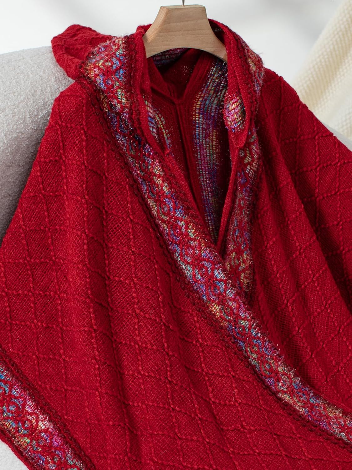 Velius Women Boho Knitted Hooded Open Front Shrug Shawl Poncho Cape with Tassel - Image 4