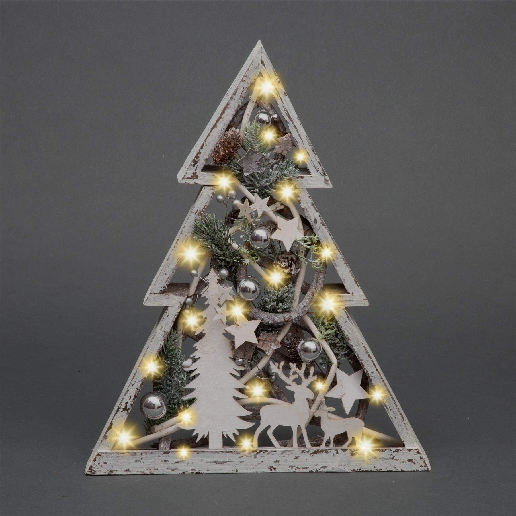 Shatchi Wooden Tree 43Cm Christmas Pre-Lit Wooden Warm White Led Tree Frame Tabletop Centrepiece Decoration With Pinecones And Baubles Holiday Home Décor